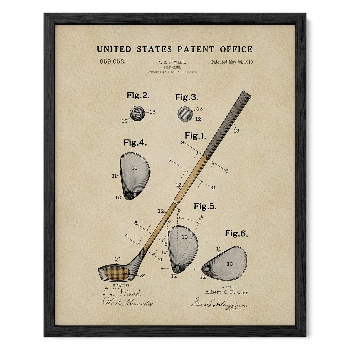 The image is a framed patent drawing depicting a golf club, specifically a club head and a club body.