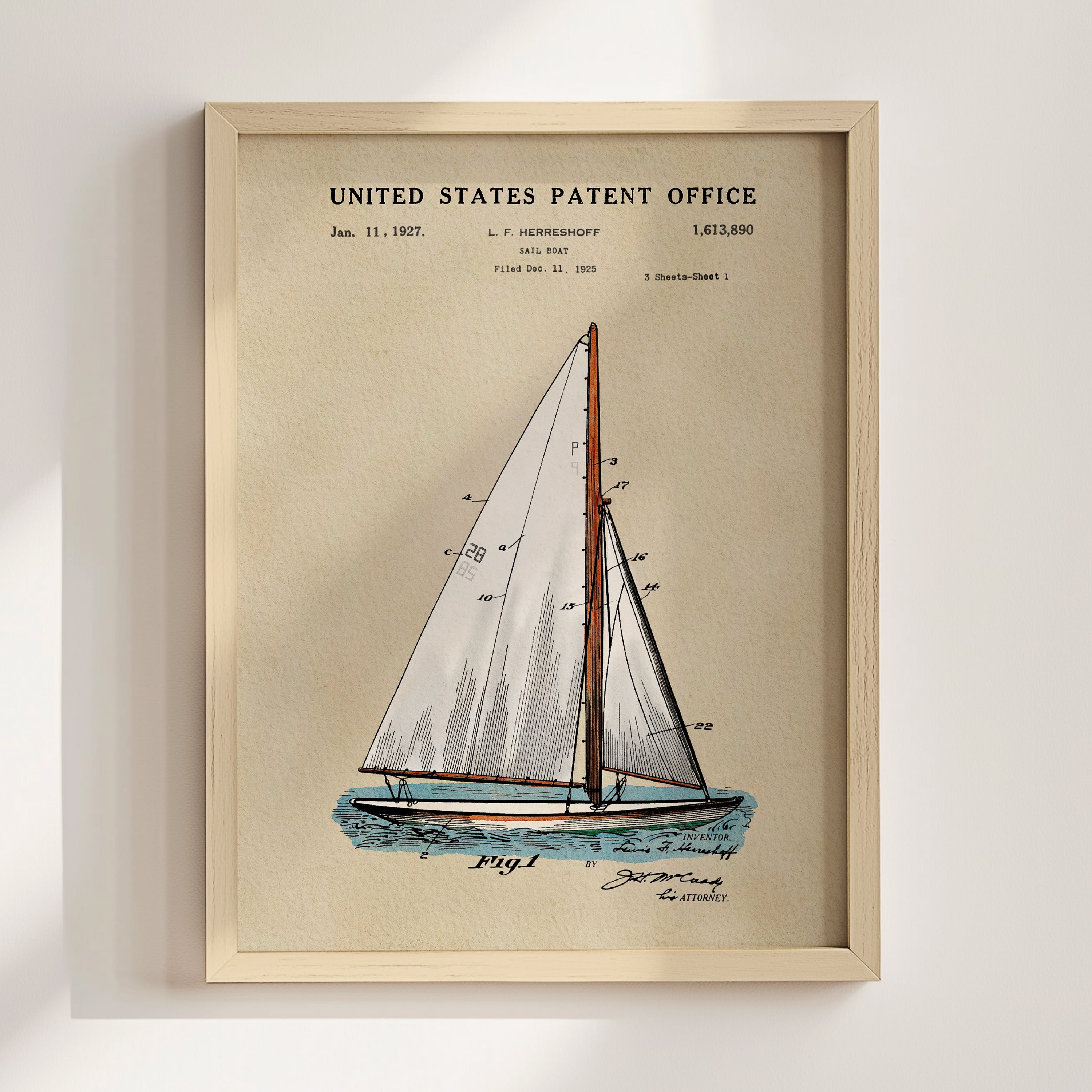 A framed patent drawing of a sailboat from the United States Patent Office, dated January 11, 1927.