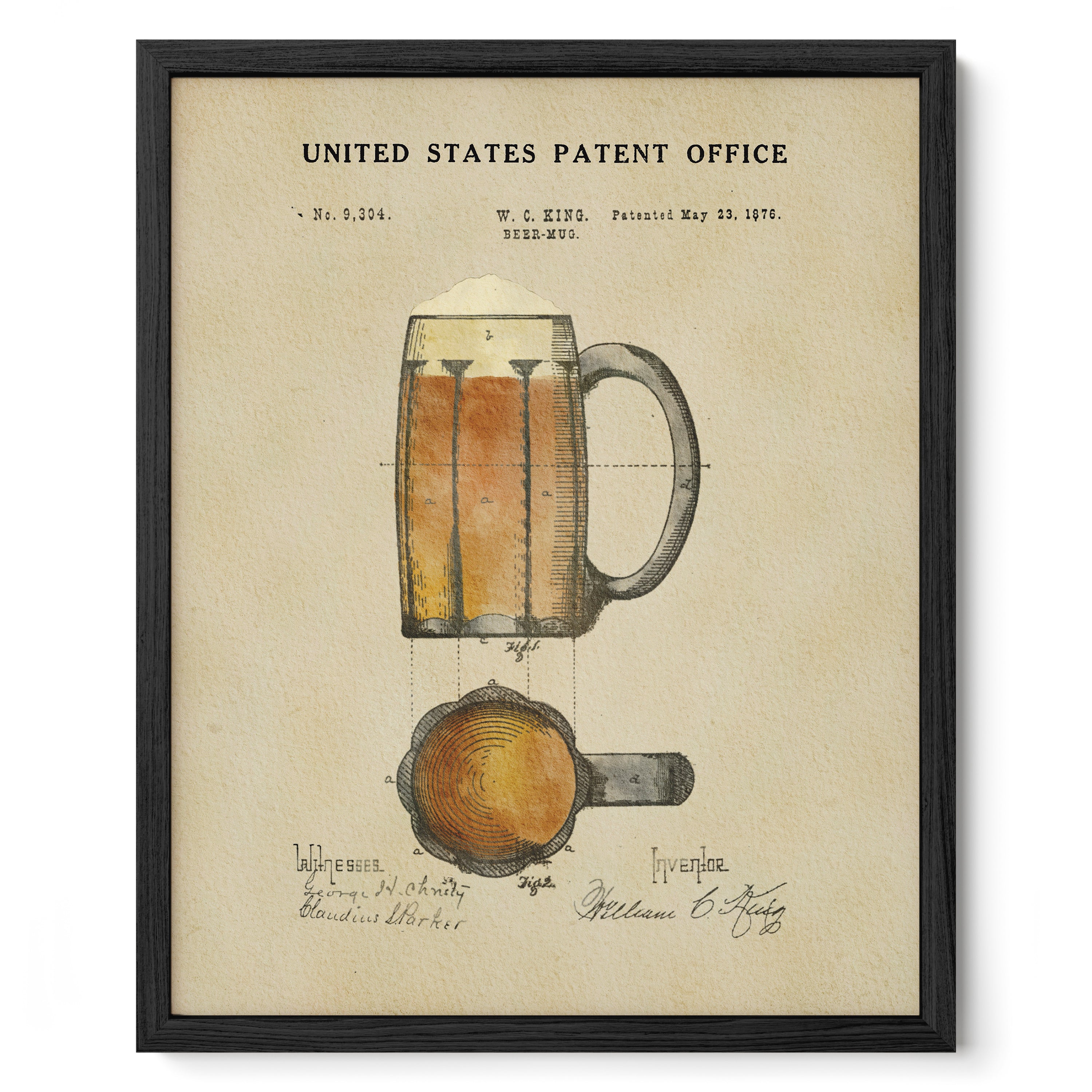 The image is a framed print depicting a beer mug with a detailed illustration of the mug and its contents.