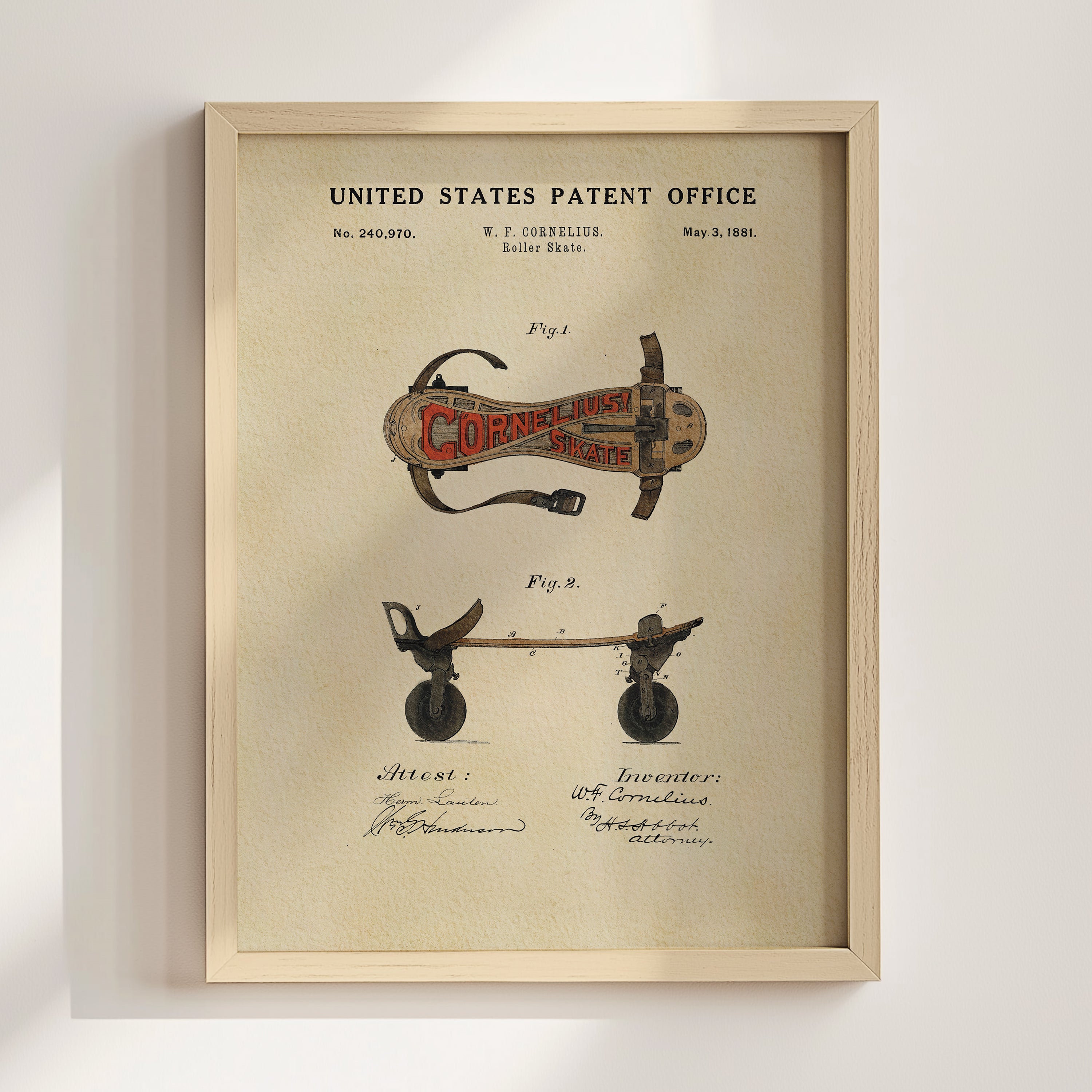 The image is a framed patent drawing depicting a roller skate with a wooden frame and wheels.