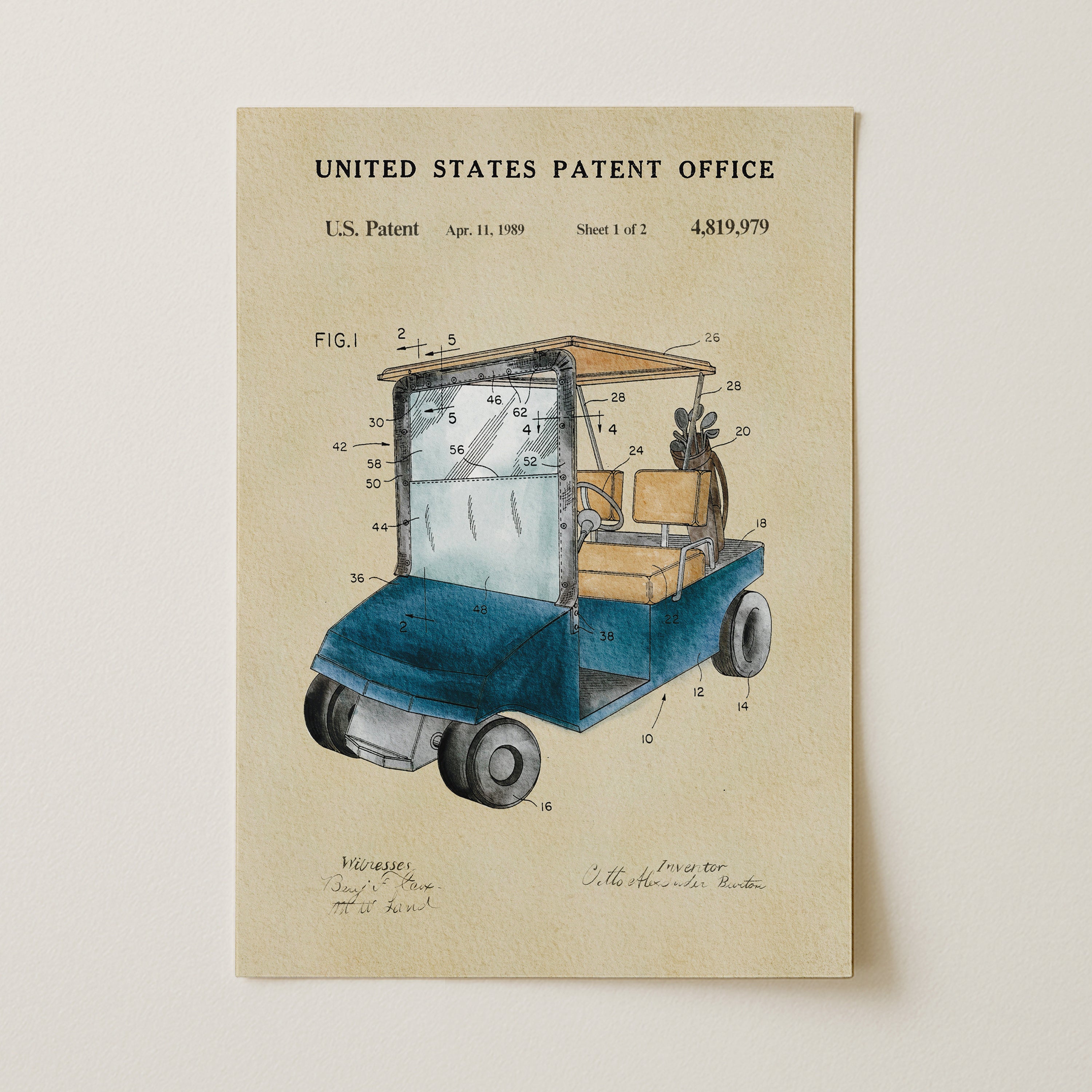 The image is a patent drawing of a golf cart, depicting the design and features of the vehicle.