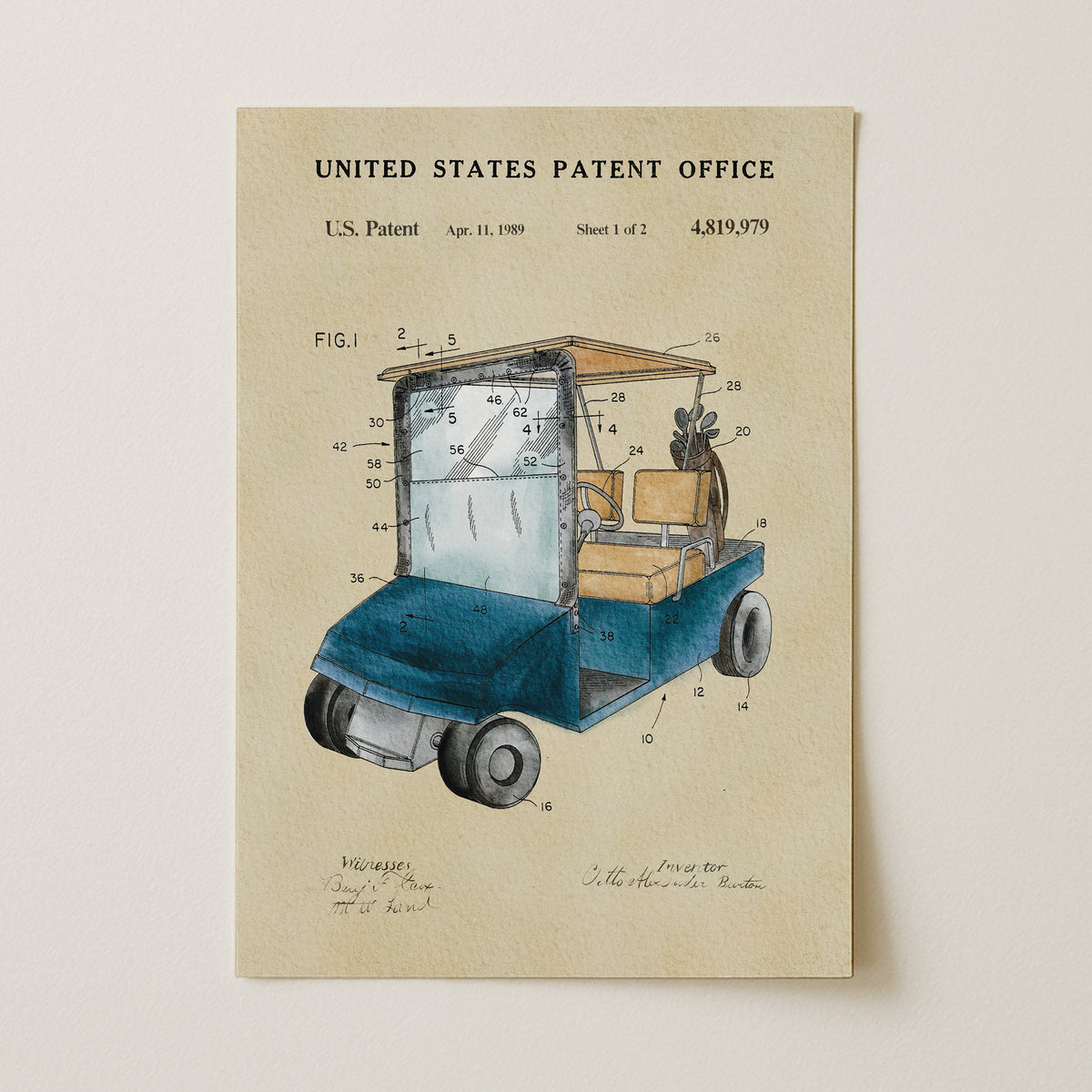 The image is a patent drawing of a golf cart, depicting the design and features of the vehicle.
