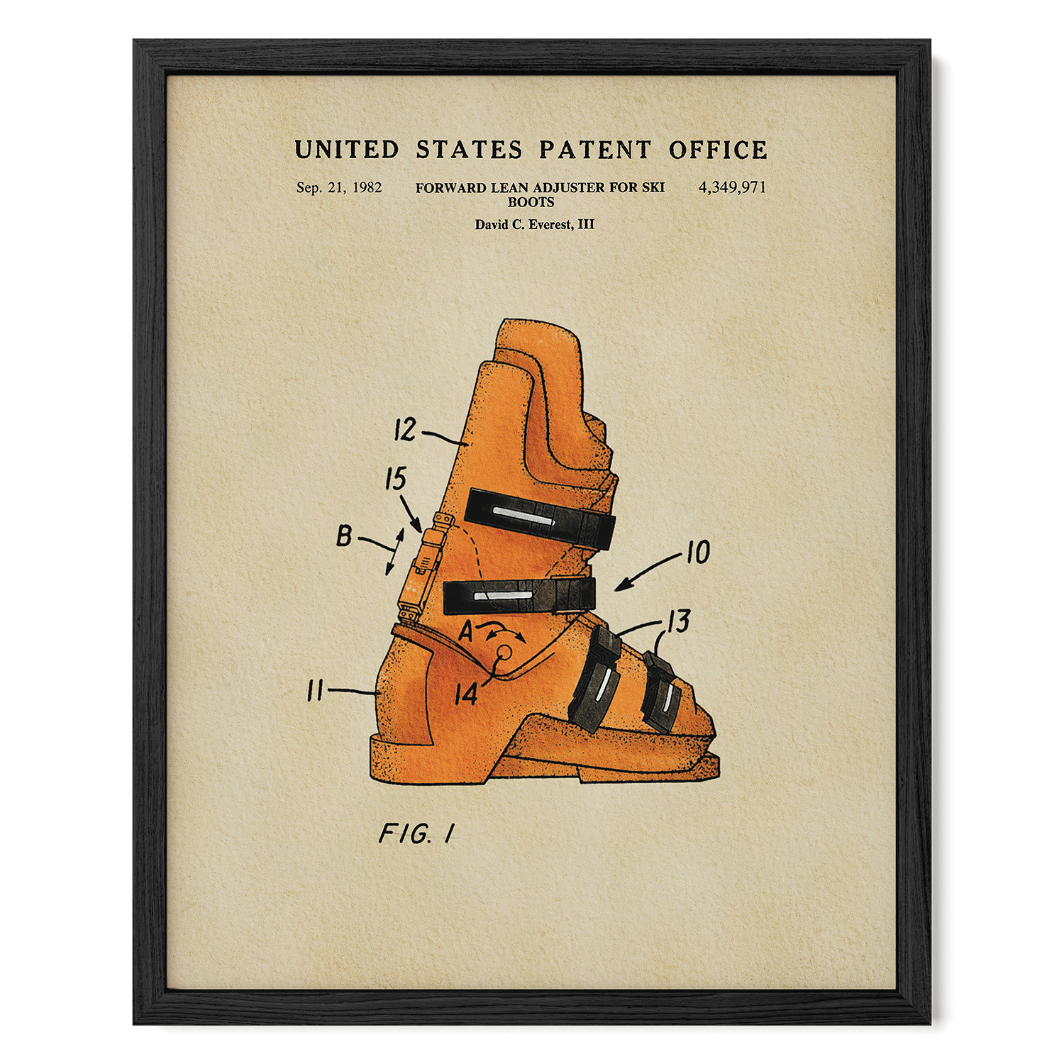 The image is a framed patent drawing depicting a pair of orange ski boots with various labels and numbers indicating different parts of the boots.