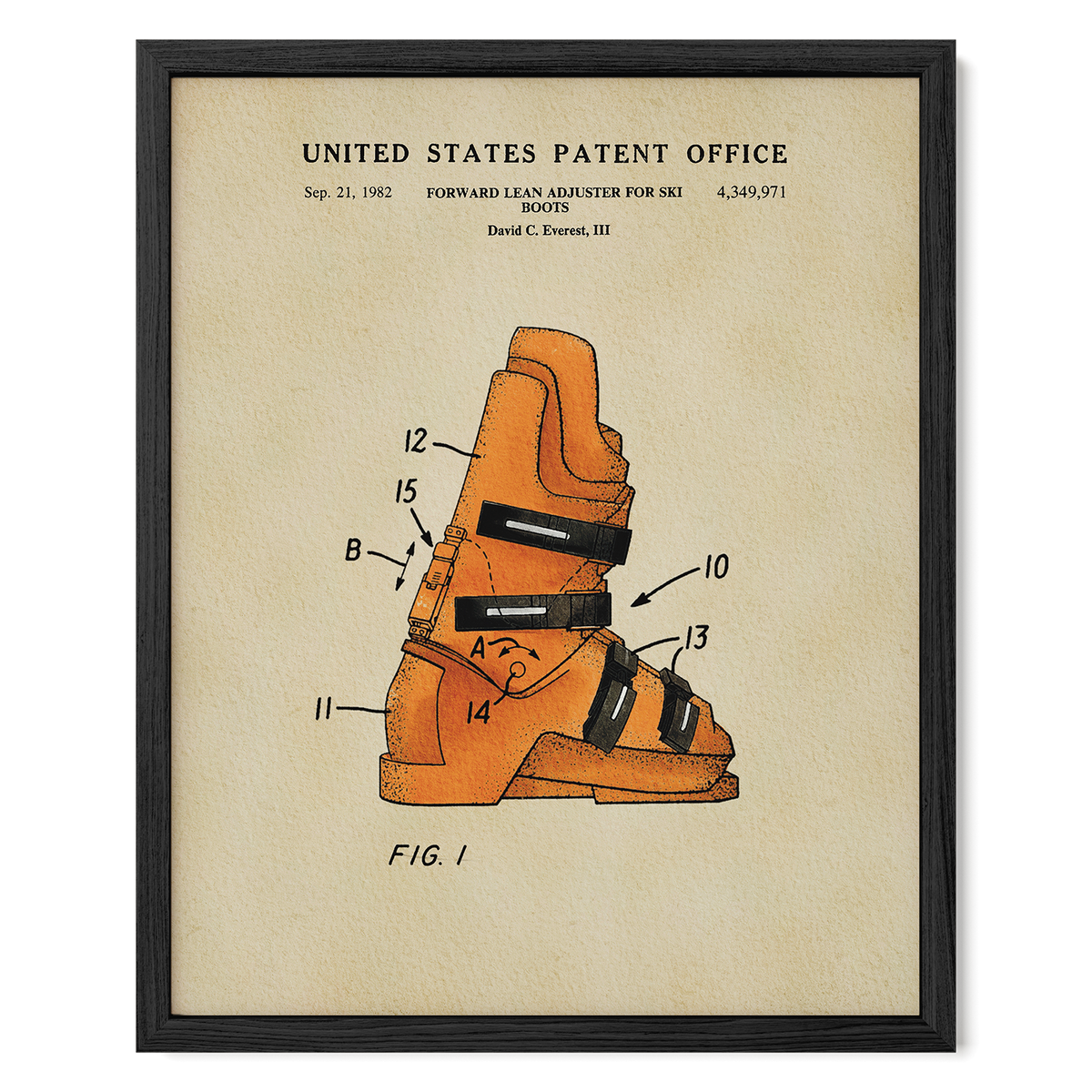 The image is a framed patent drawing depicting a pair of orange ski boots with various labels and numbers indicating different parts of the boots.