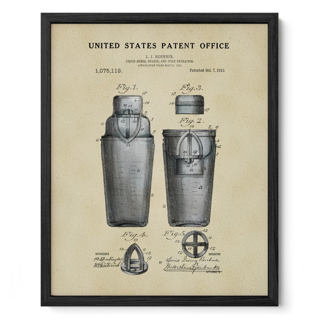 The image is a framed patent drawing depicting a device, likely a mixer or shaker, with detailed technical drawings and specifications.
