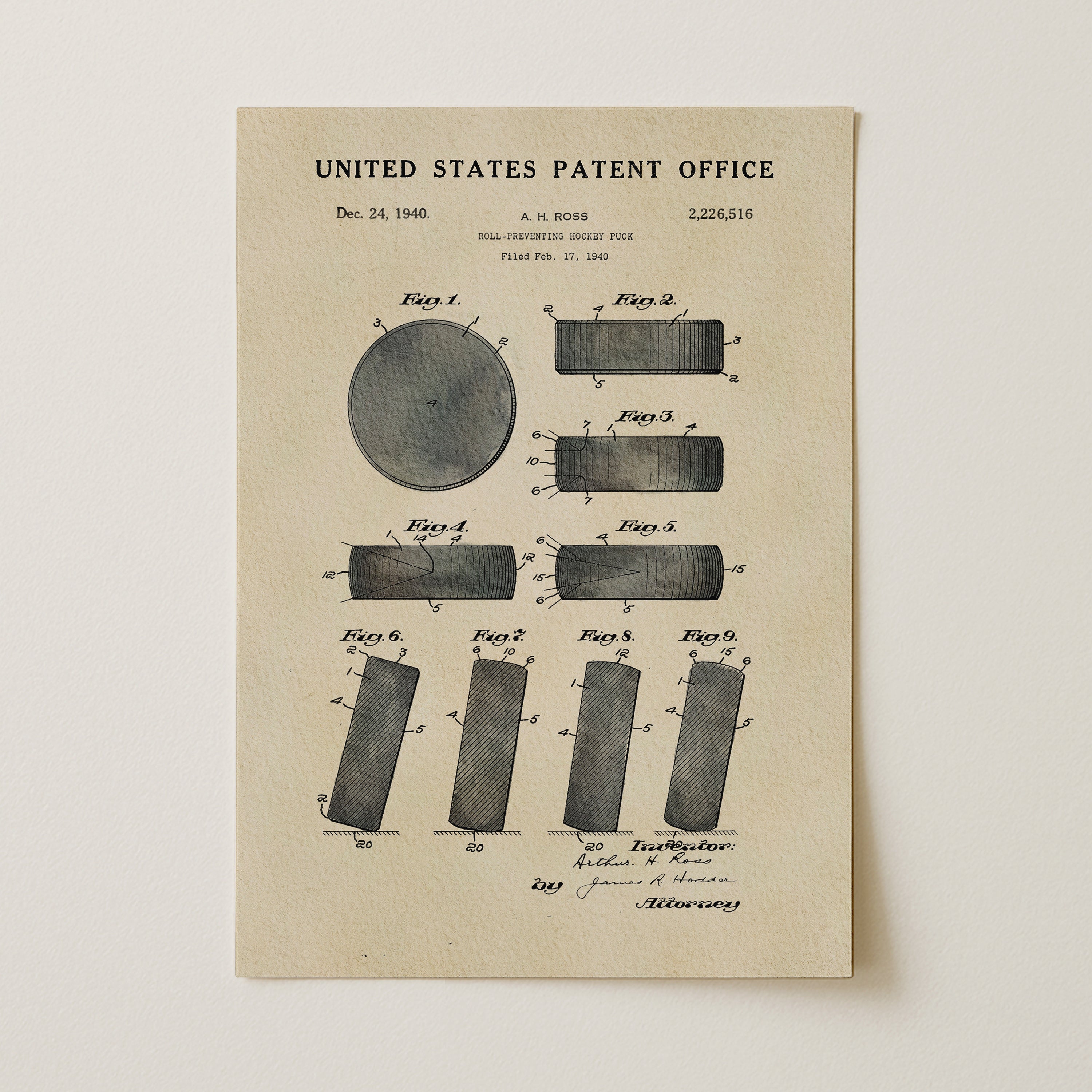 The image is a printed patent drawing from the United States Patent Office, dated December 24, 1940, and showing a hockey puck.