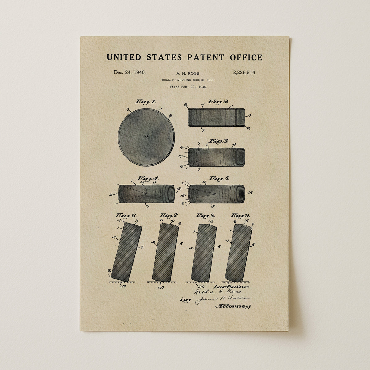 The image is a printed patent drawing from the United States Patent Office, dated December 24, 1940, and showing a hockey puck.