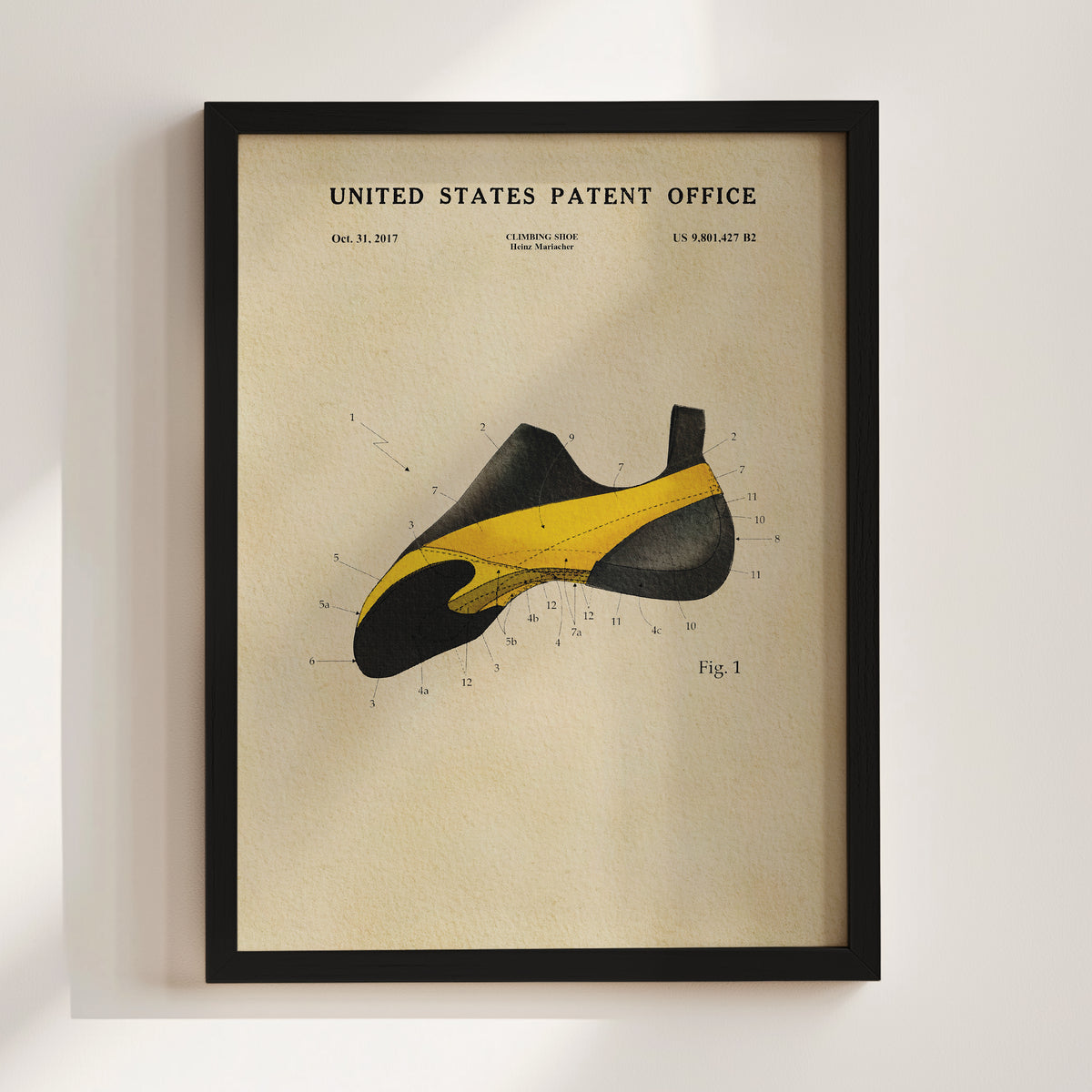 The image is a framed print of a patent filing from the United States Patent Office, depicting a shoe design.