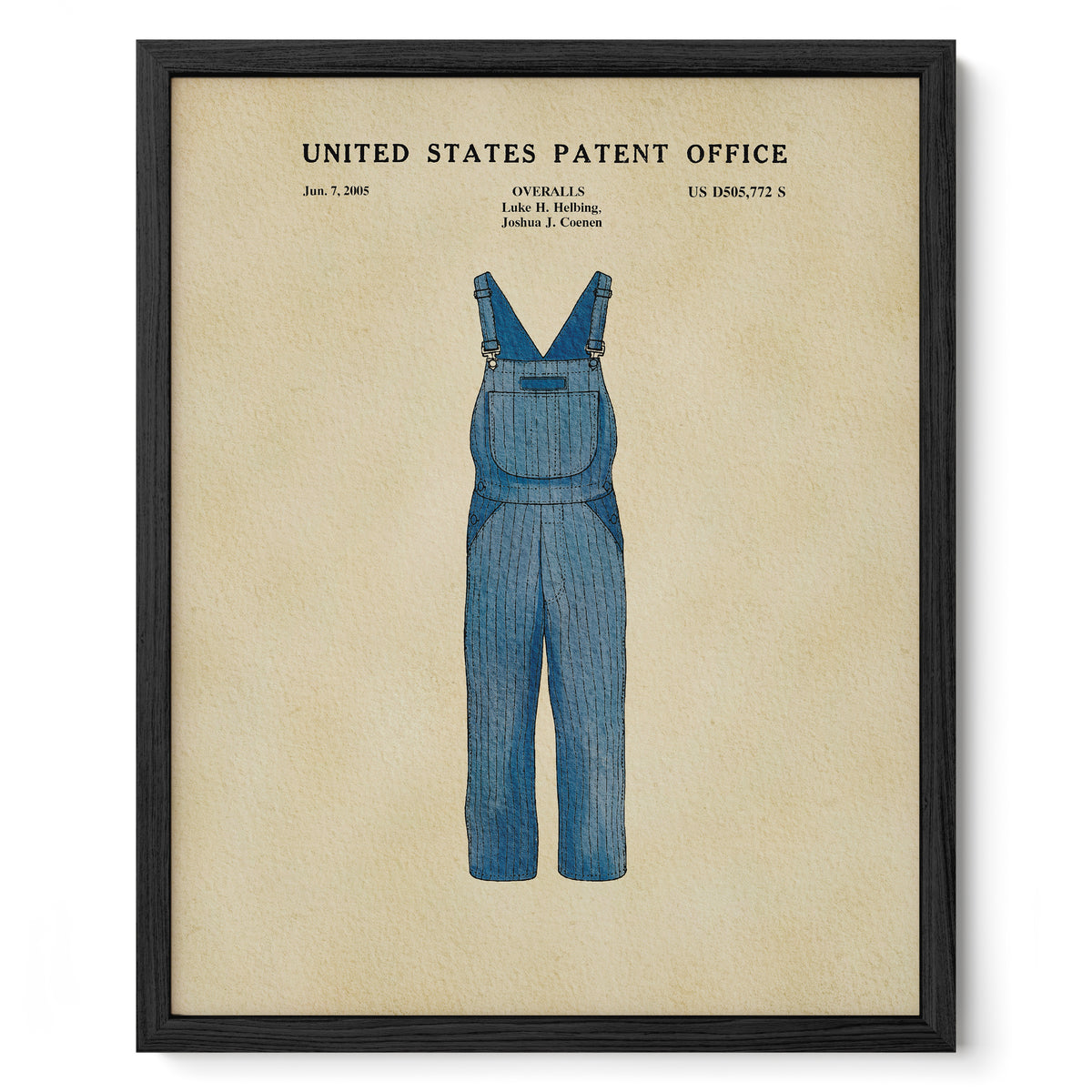 A framed illustration of a pair of blue overalls with the text "United States Patent Office" and "Jun. 7, 2005" printed on it.