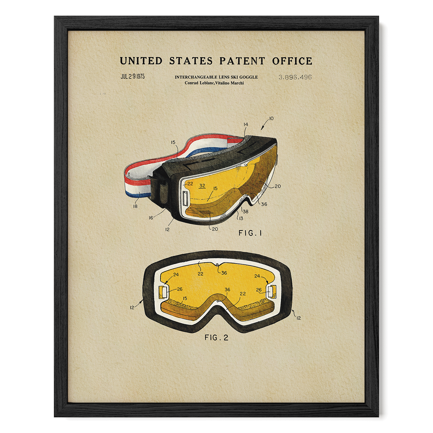 The image is a framed patent drawing depicting a pair of goggles with a yellow lens and a black frame. The drawing includes technical drawings and specifications for the goggles, as well as the United States Patent Office's patent registration number.