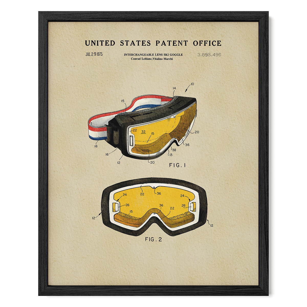 The image is a framed patent drawing depicting a pair of goggles with a yellow lens and a black frame. The drawing includes technical drawings and specifications for the goggles, as well as the United States Patent Office's patent registration number.