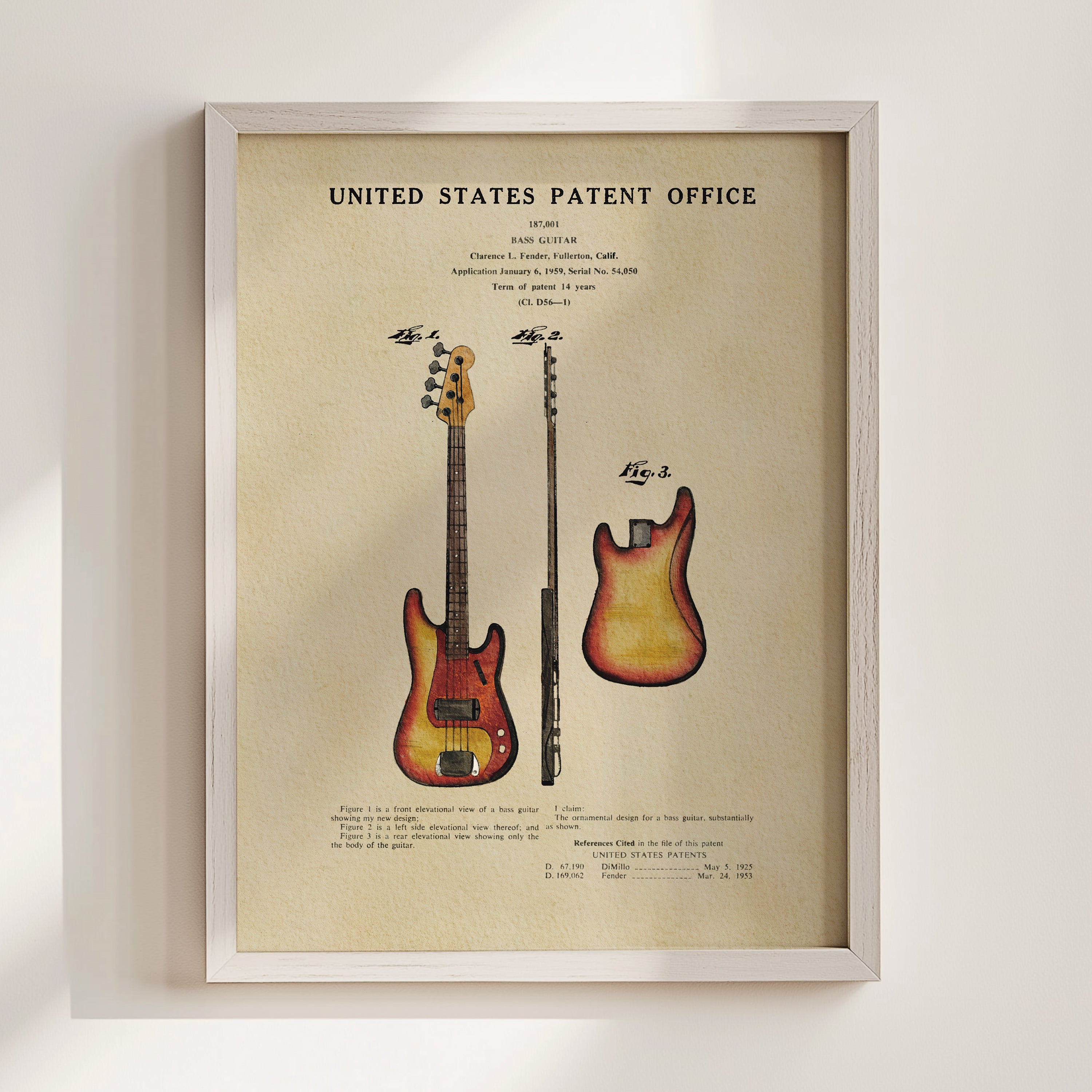 The image is a framed poster or print featuring a detailed illustration of a guitar, along with text that appears to be a patent filing or description related to the guitar.