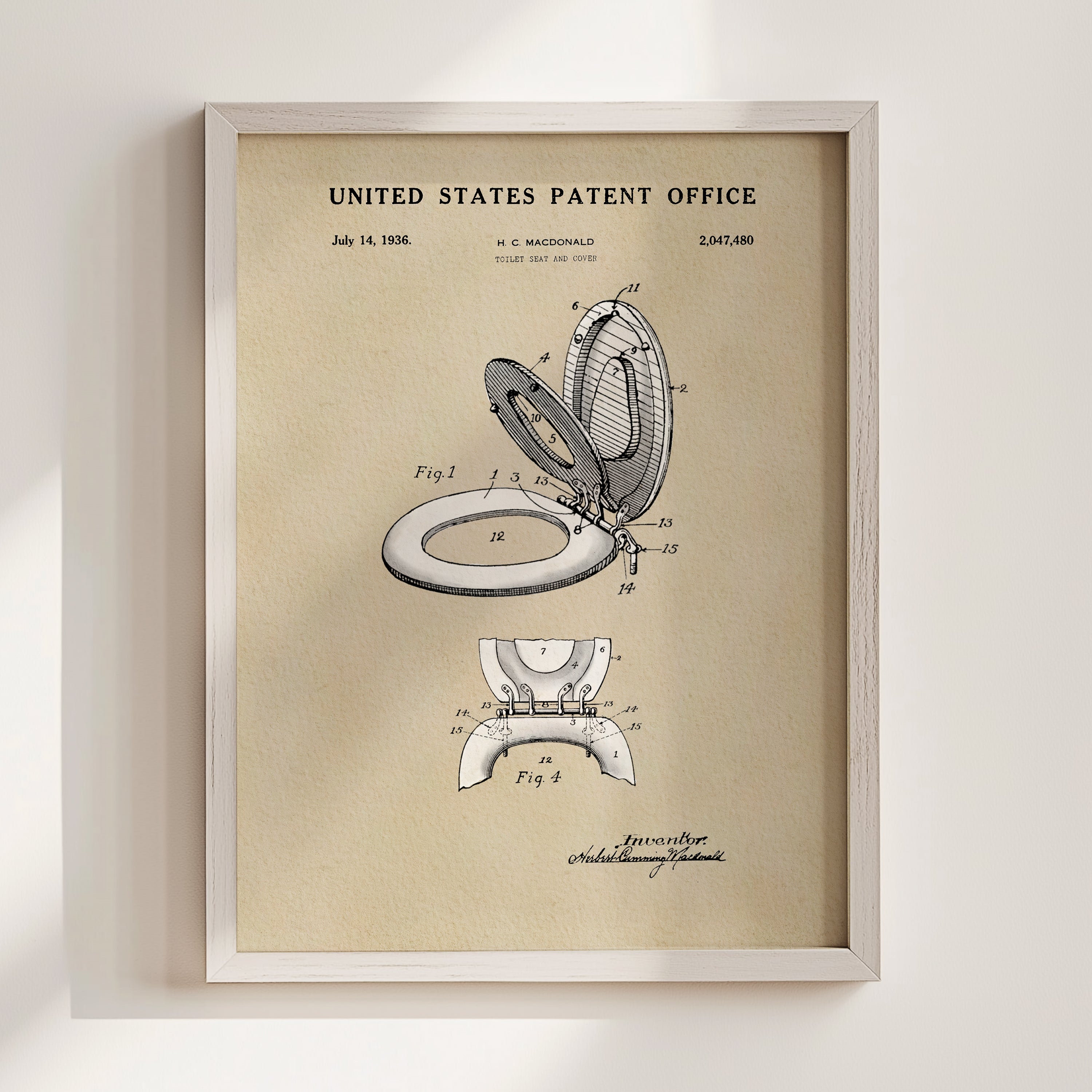 The image is a framed patent drawing of a toilet from the United States Patent Office, dated July 14, 1936.