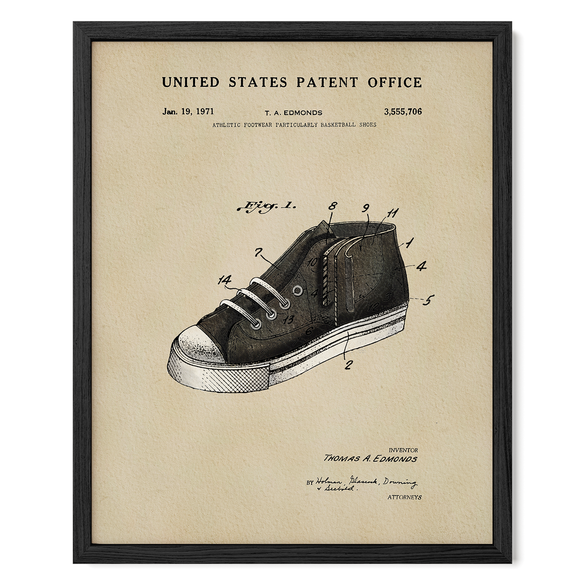 The image is a framed patent drawing of a shoe, depicting the design and features of the shoe.