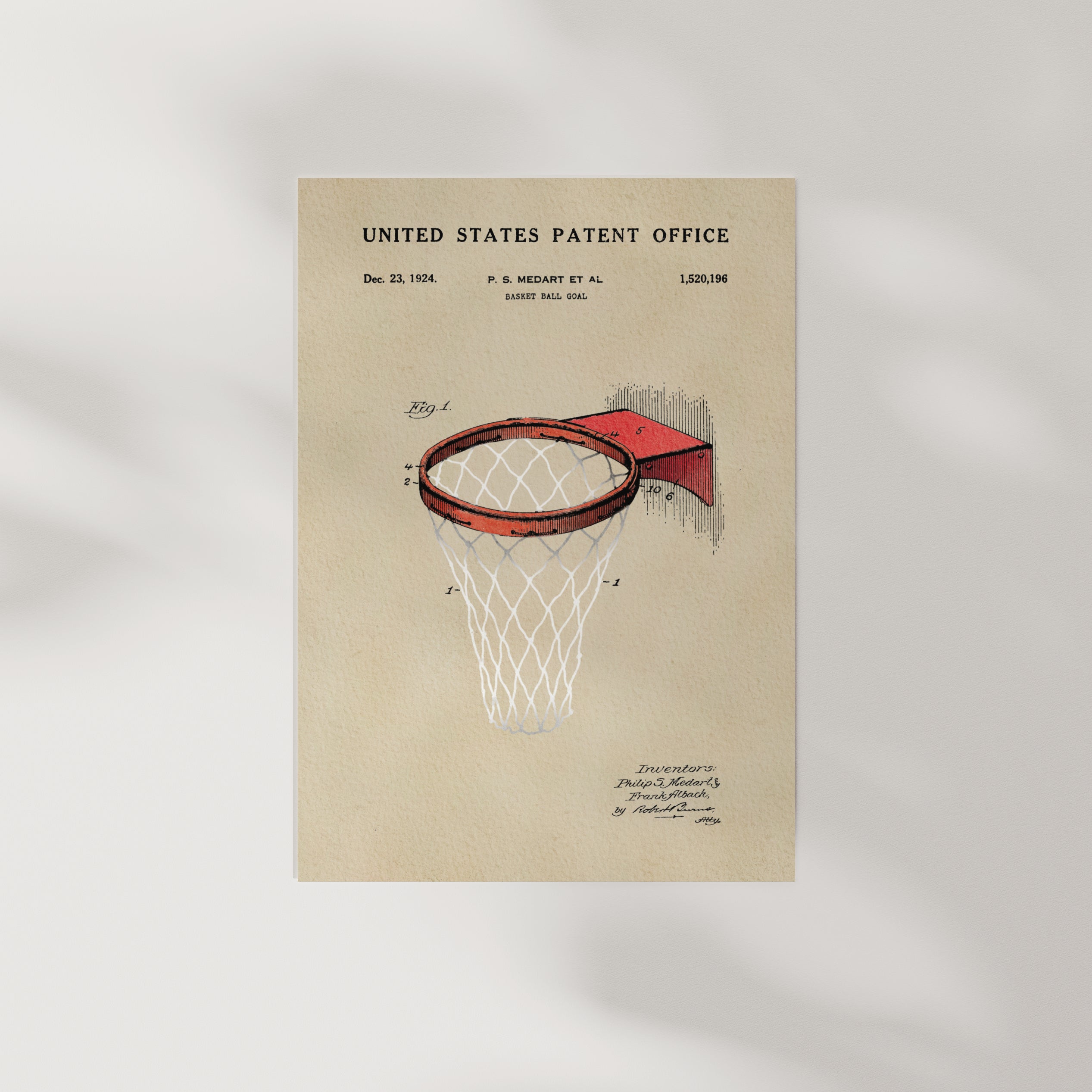 A framed patent drawing of a basketball hoop from the 1920s, depicting the net and the backboard.