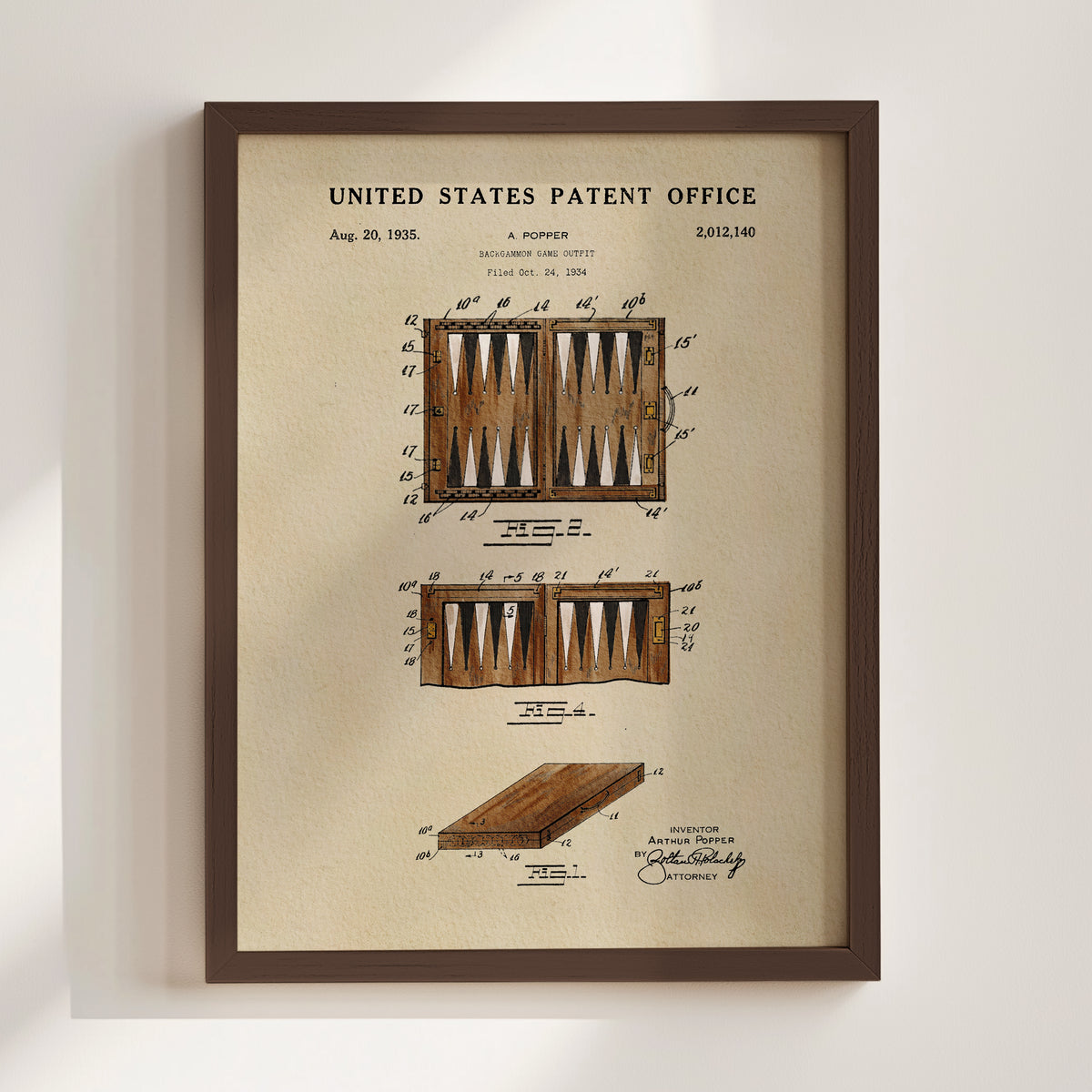 The image is a framed patent drawing depicting a backgammon board with a wooden frame.