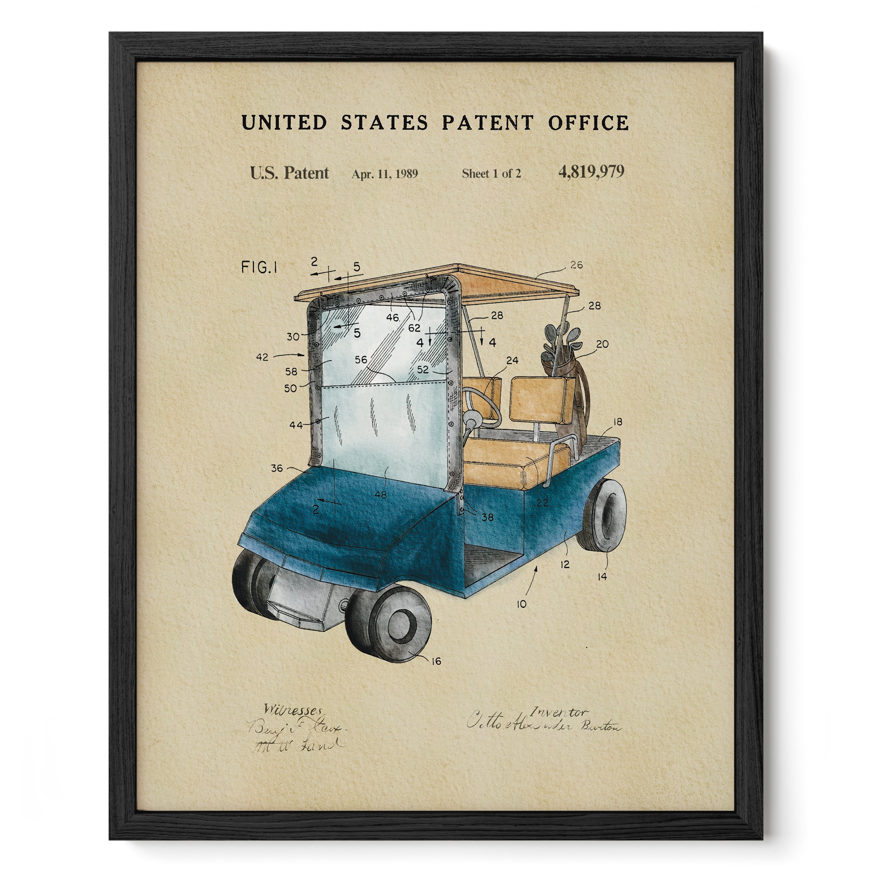 The image is a framed print depicting a golf cart, with a detailed technical drawing and patent filing information.