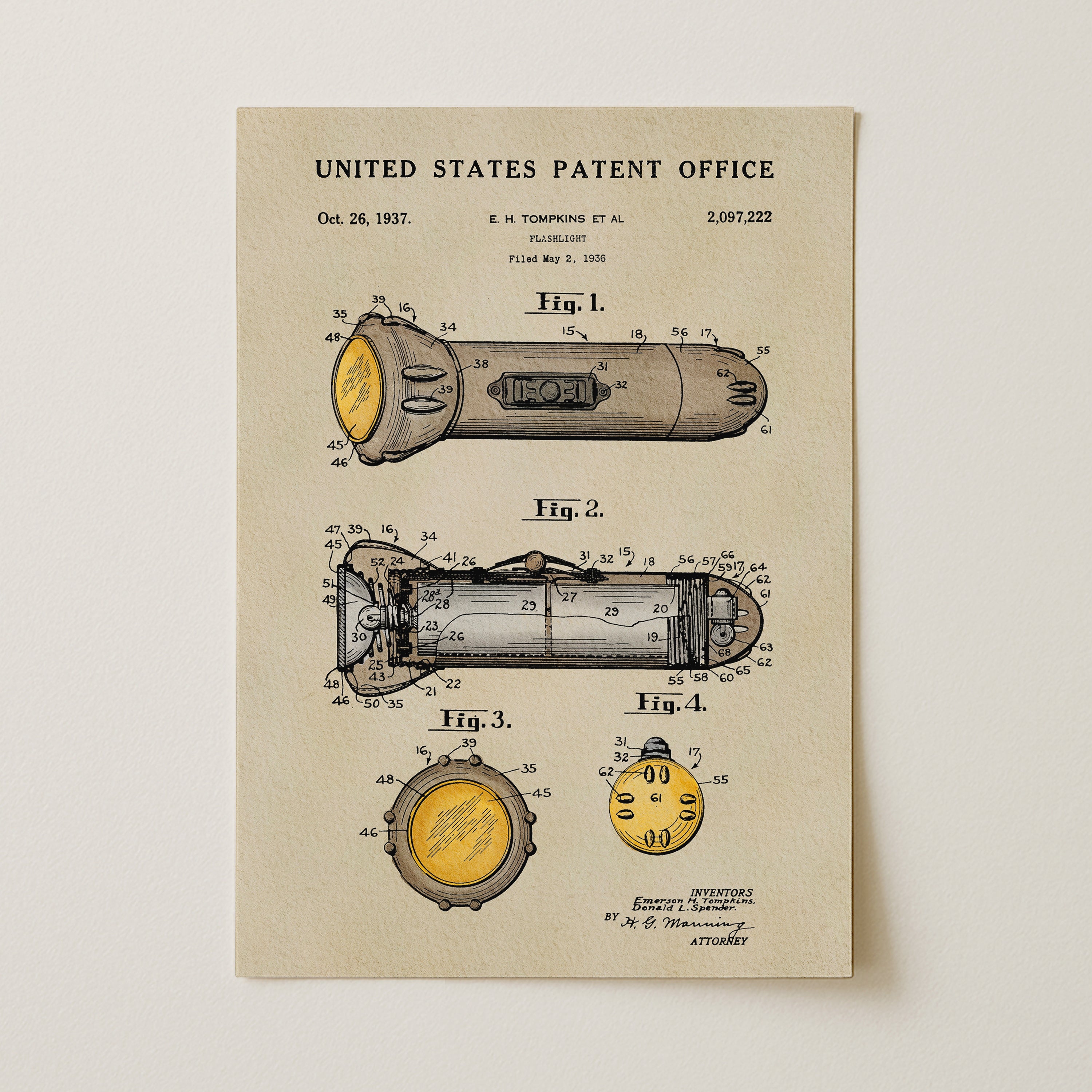 The image is a patent drawing from the United States Patent Office, dated October 26, 1937, depicting a flashlight with technical drawings and specifications.