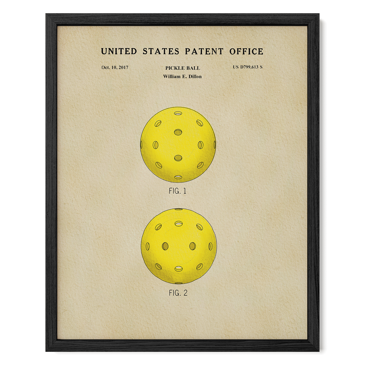 The image is a framed patent drawing of a yellow paddle ball, depicting two different designs of the paddle ball.