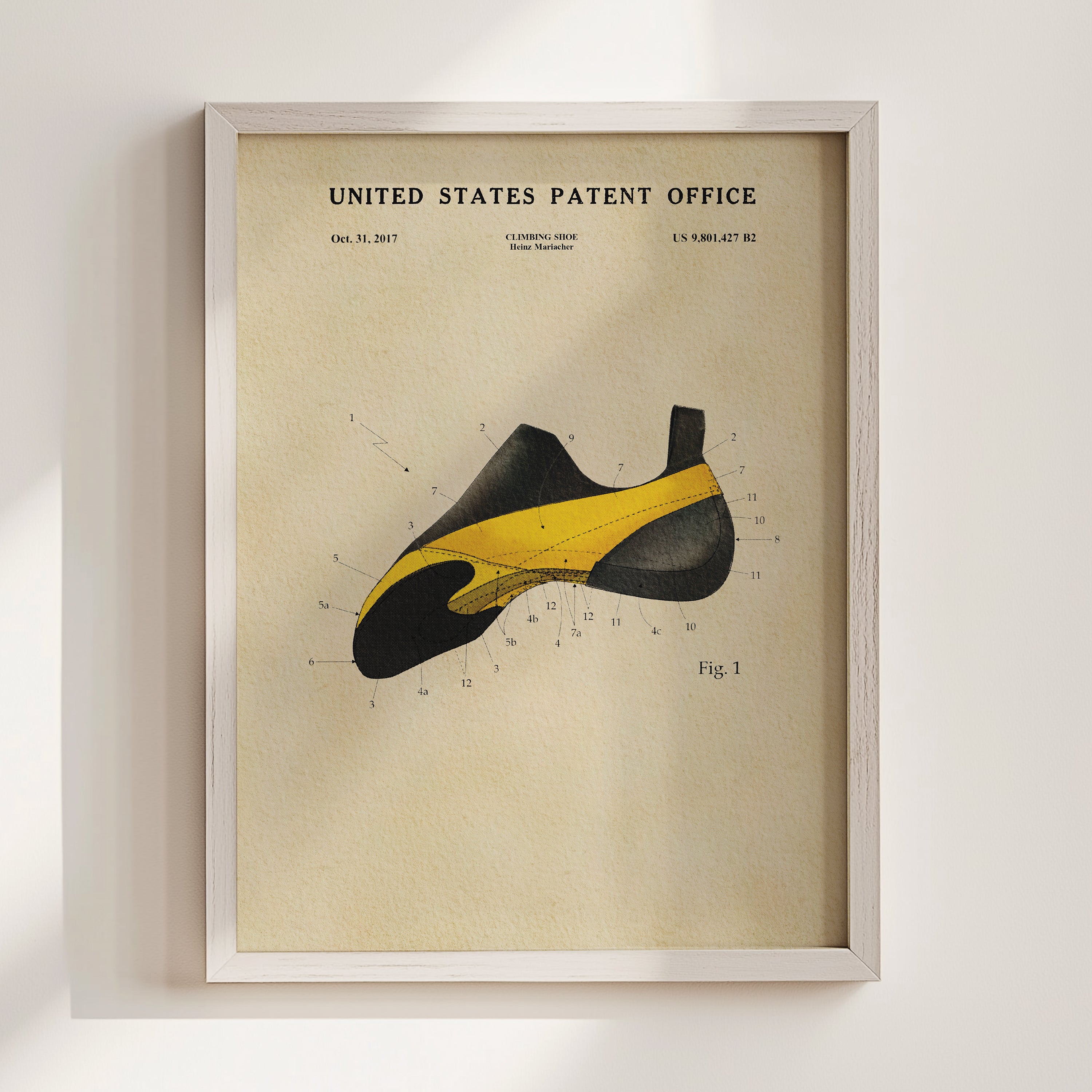 The image is a framed print of a patent filing from the United States Patent Office, depicting a shoe design.