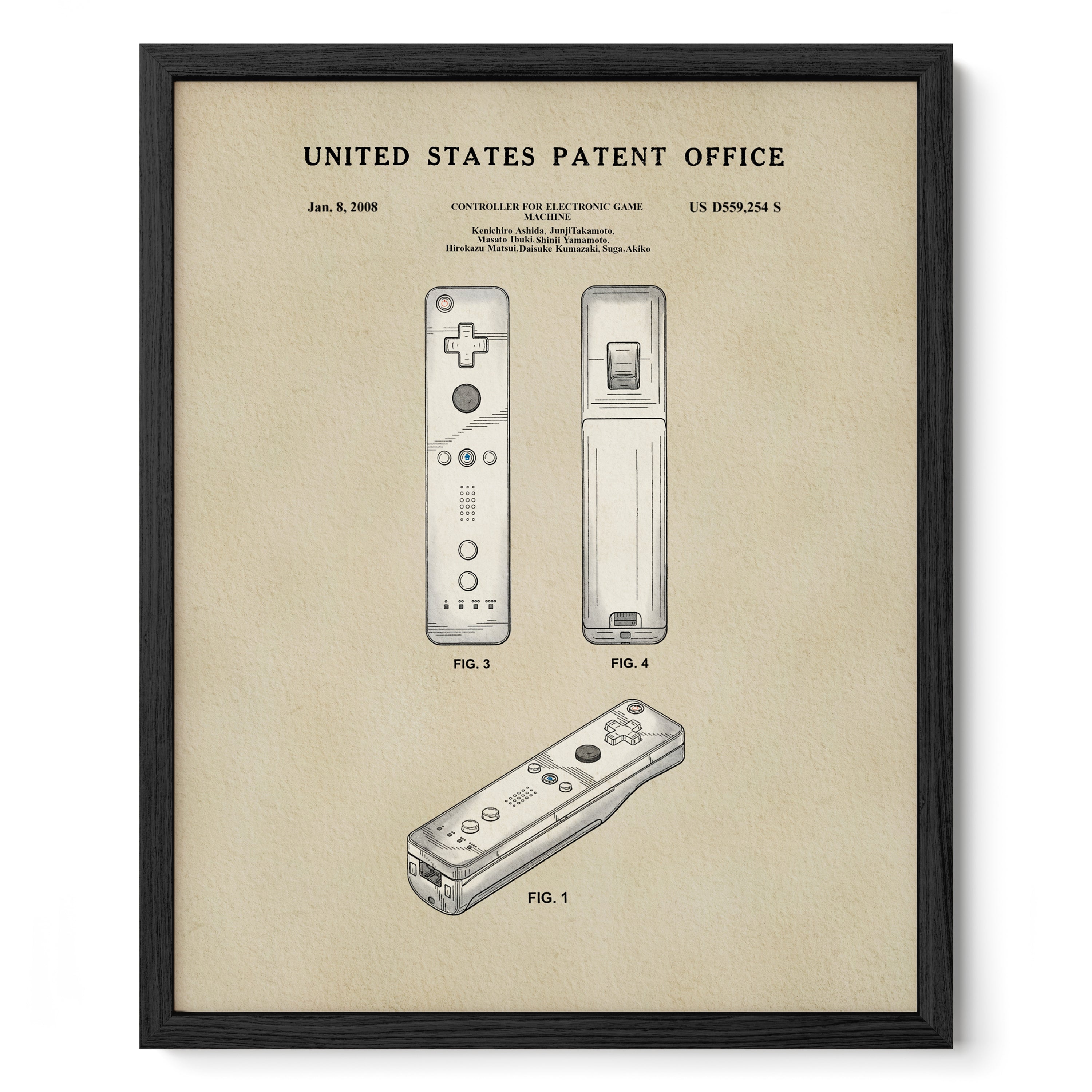 The image is a framed patent drawing depicting two video game controllers, specifically the Nintendo Wii remote and the Sony PlayStation controller.
