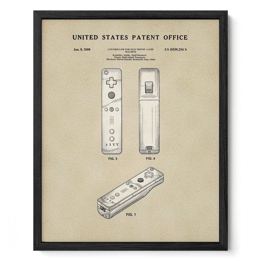 The image is a framed patent drawing depicting two video game controllers, specifically the Nintendo Wii remote and the Sony PlayStation controller.
