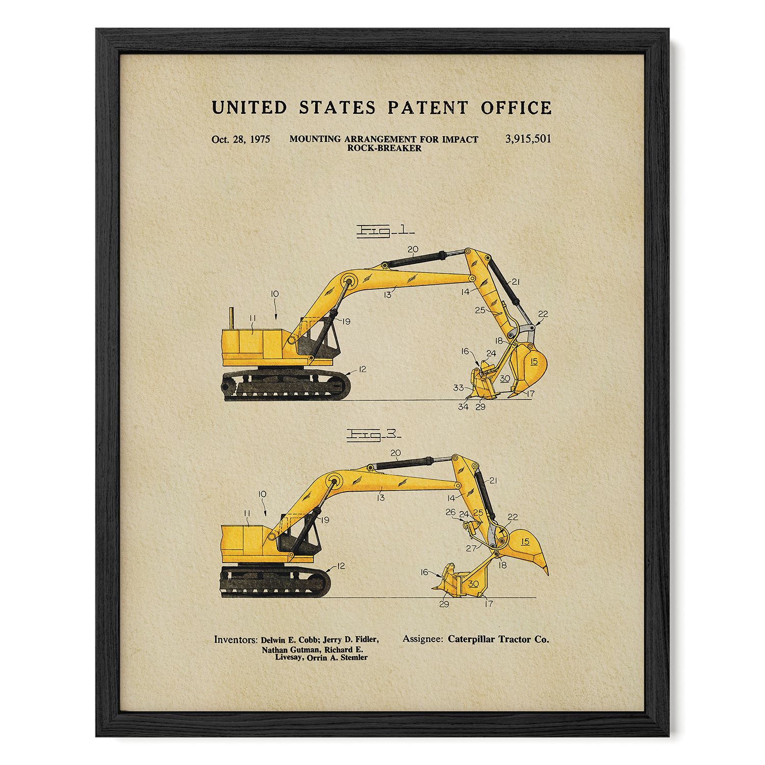 The image is a framed patent drawing of a yellow excavator, depicting its mounting arrangement for impact.