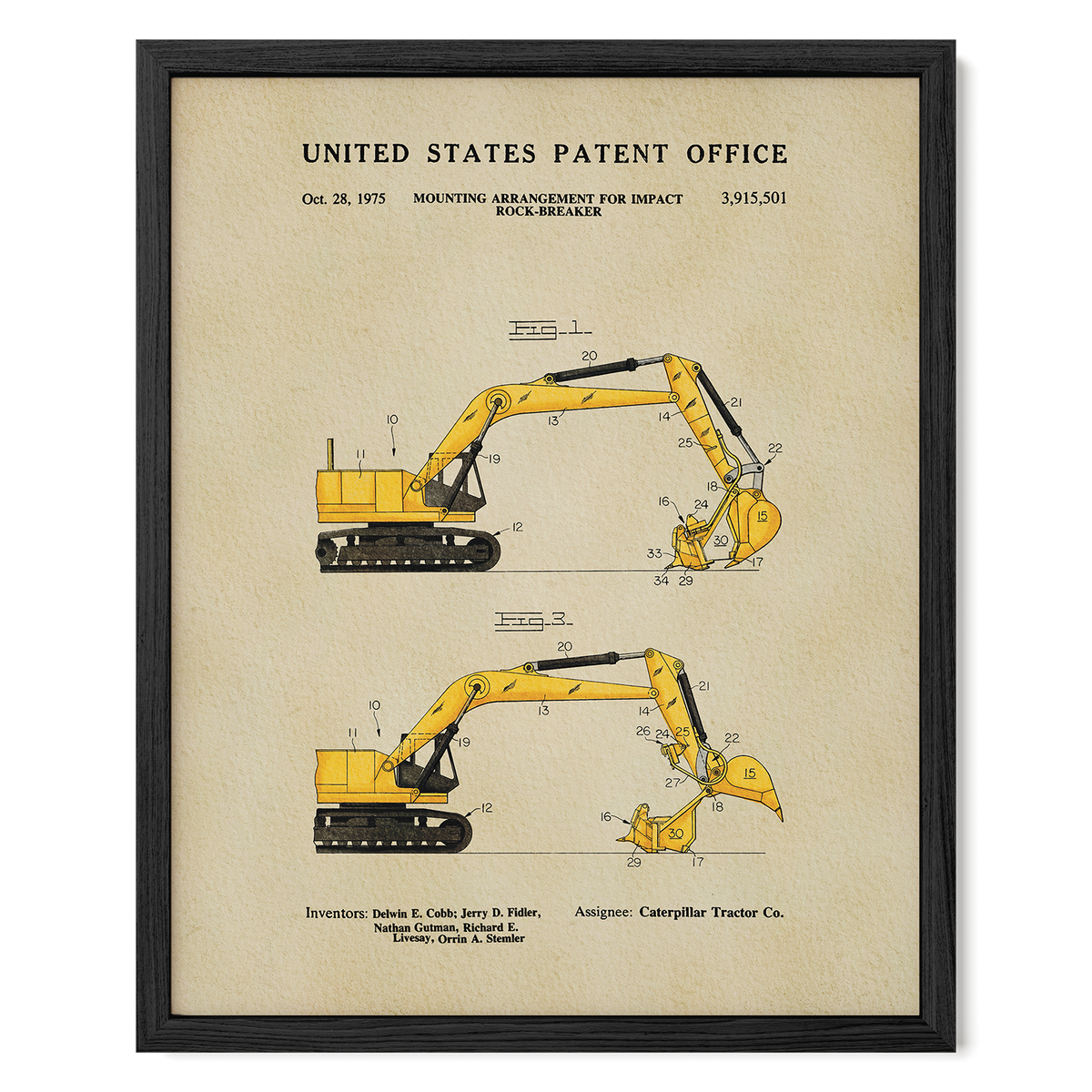 The image is a framed patent drawing of a yellow excavator, depicting its mounting arrangement for impact.