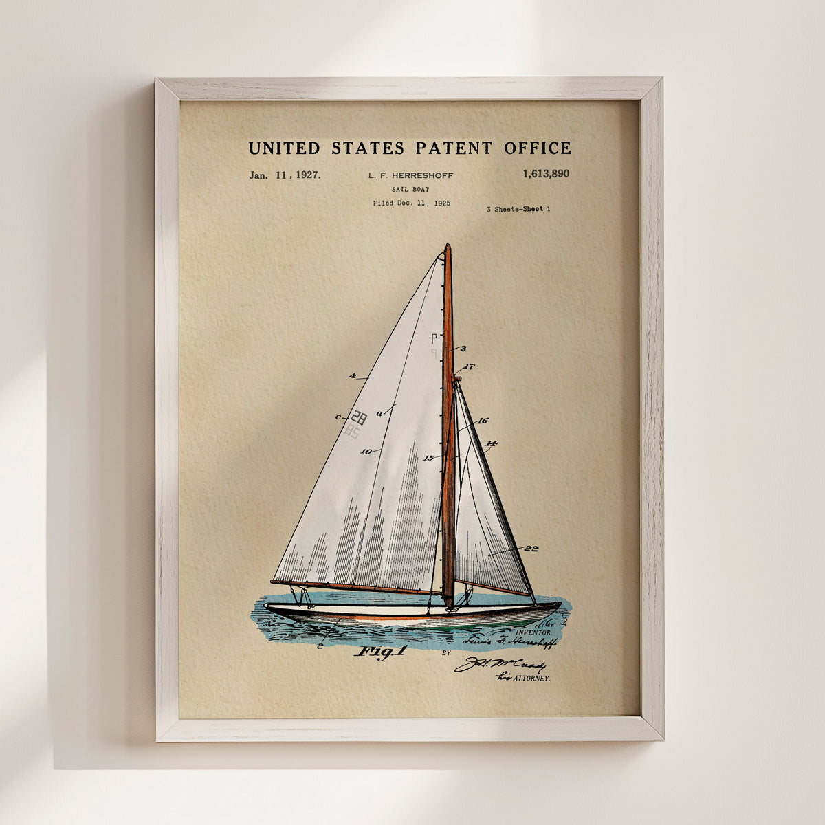A framed illustration of a sailboat with a United States Patent Office label.