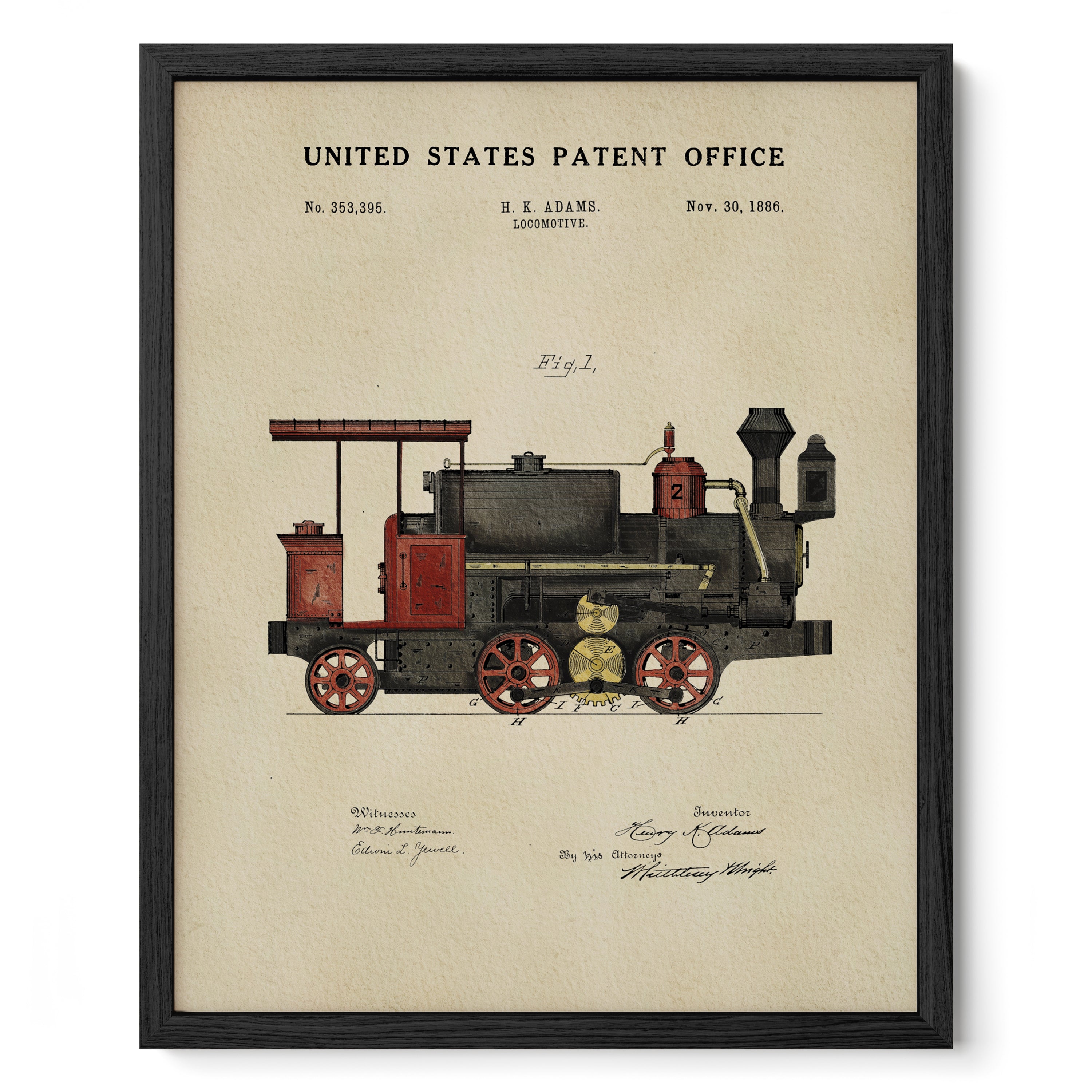 The image is a framed print depicting a vintage steam locomotive, with the United States Patent Office and a patent registration date visible.