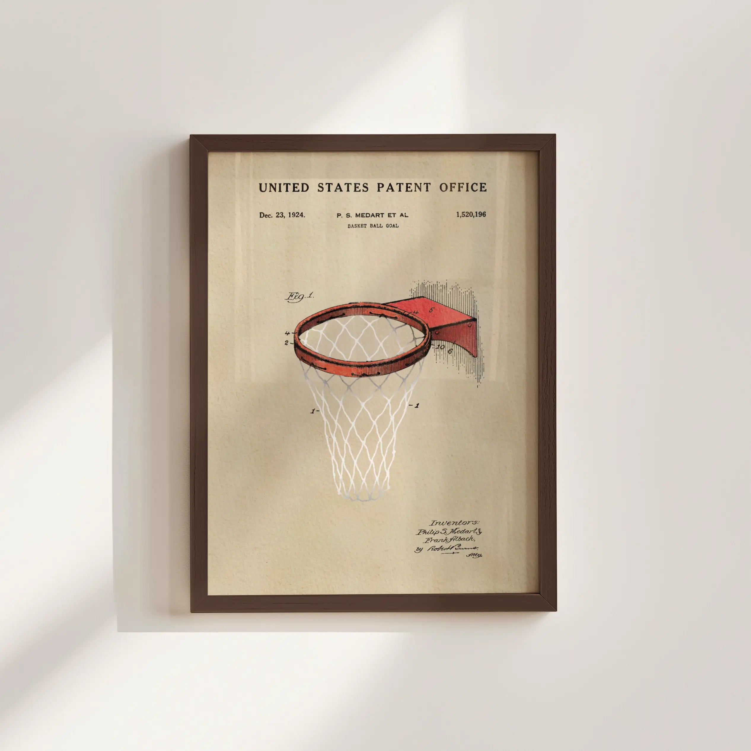 The image is a framed patent drawing of a basketball hoop, depicting the net and the rim.