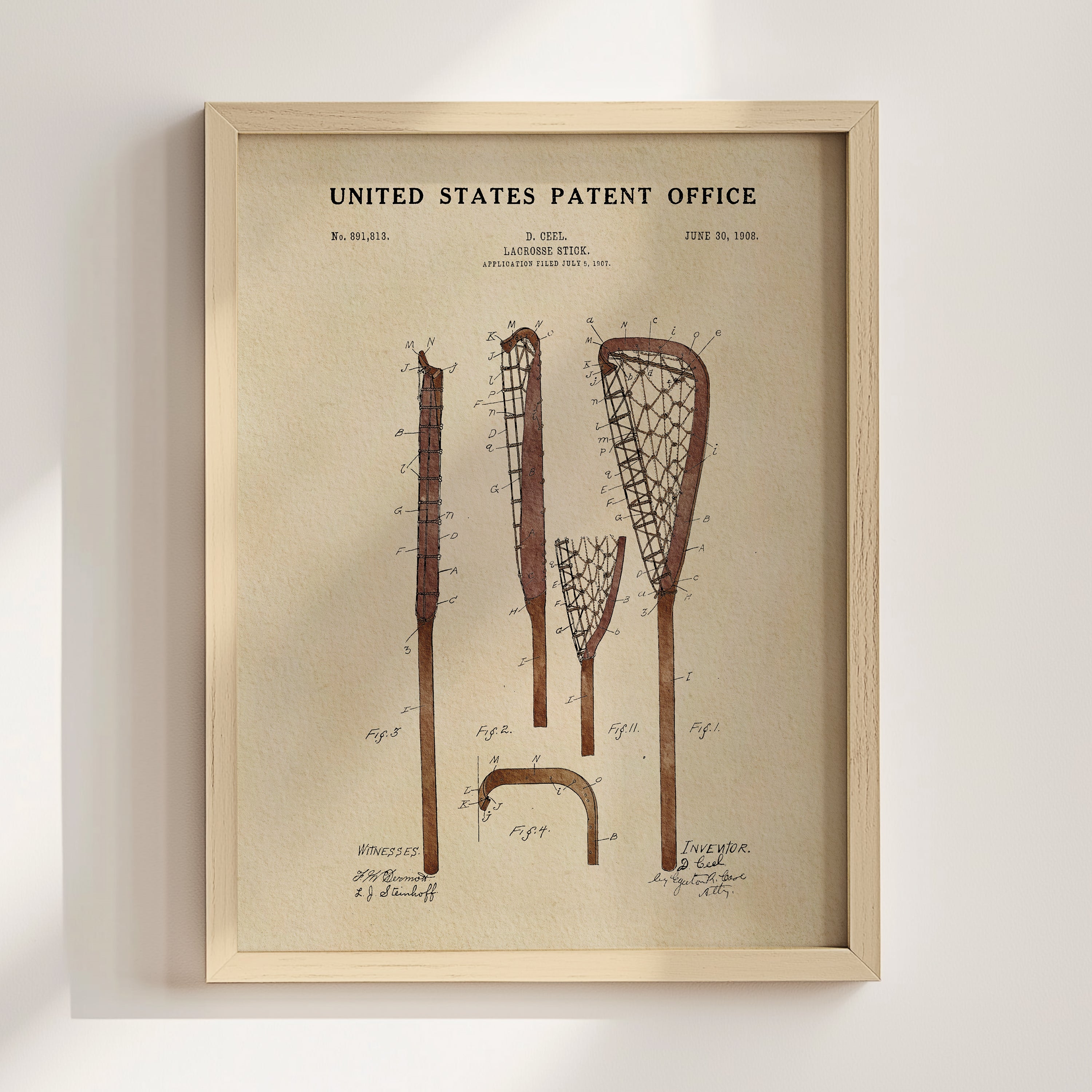 The image is a framed print of a patent drawing for a lacrosse stick, featuring detailed technical drawings and annotations.