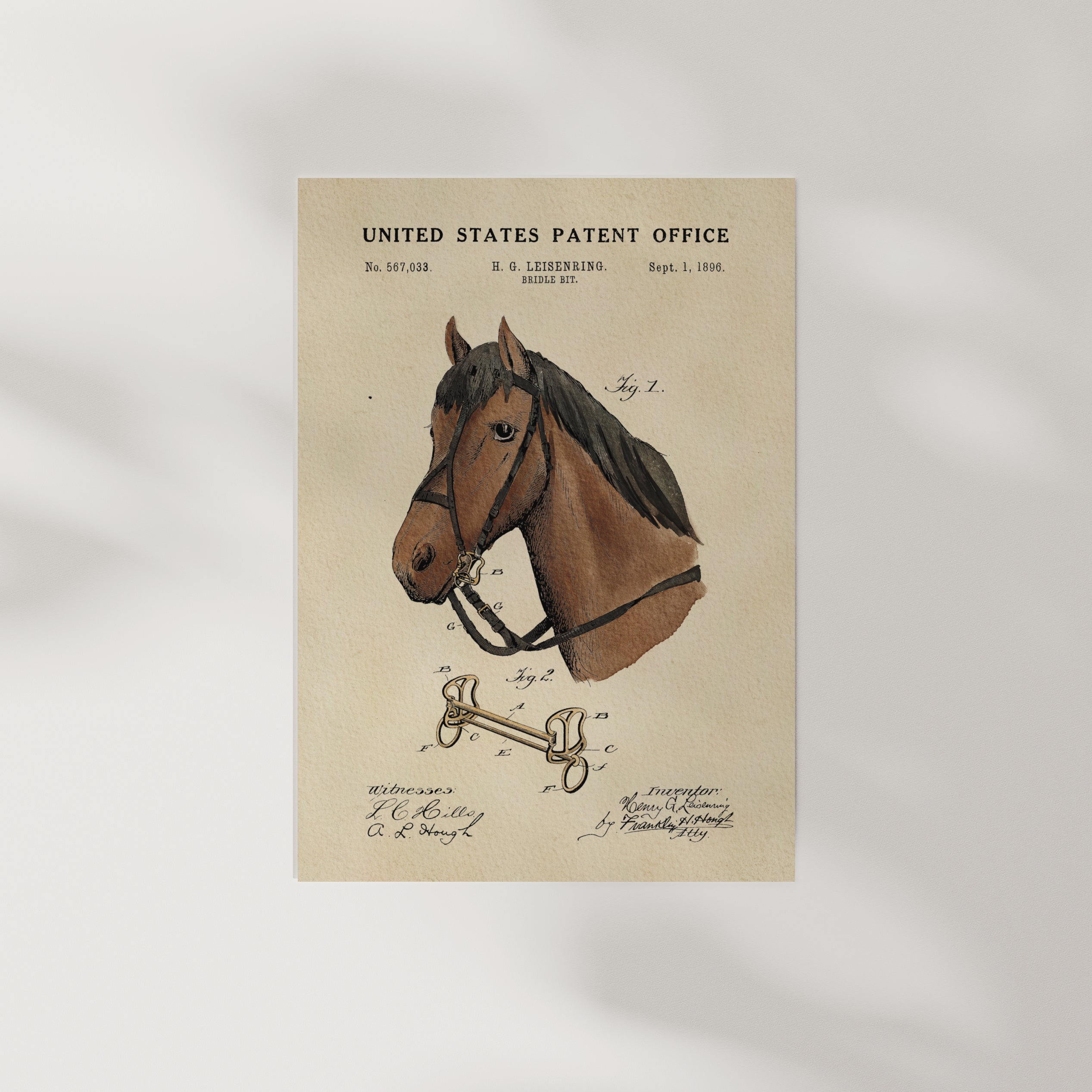 The image is a vintage patent drawing of a horse, depicting a harness and a bridle.