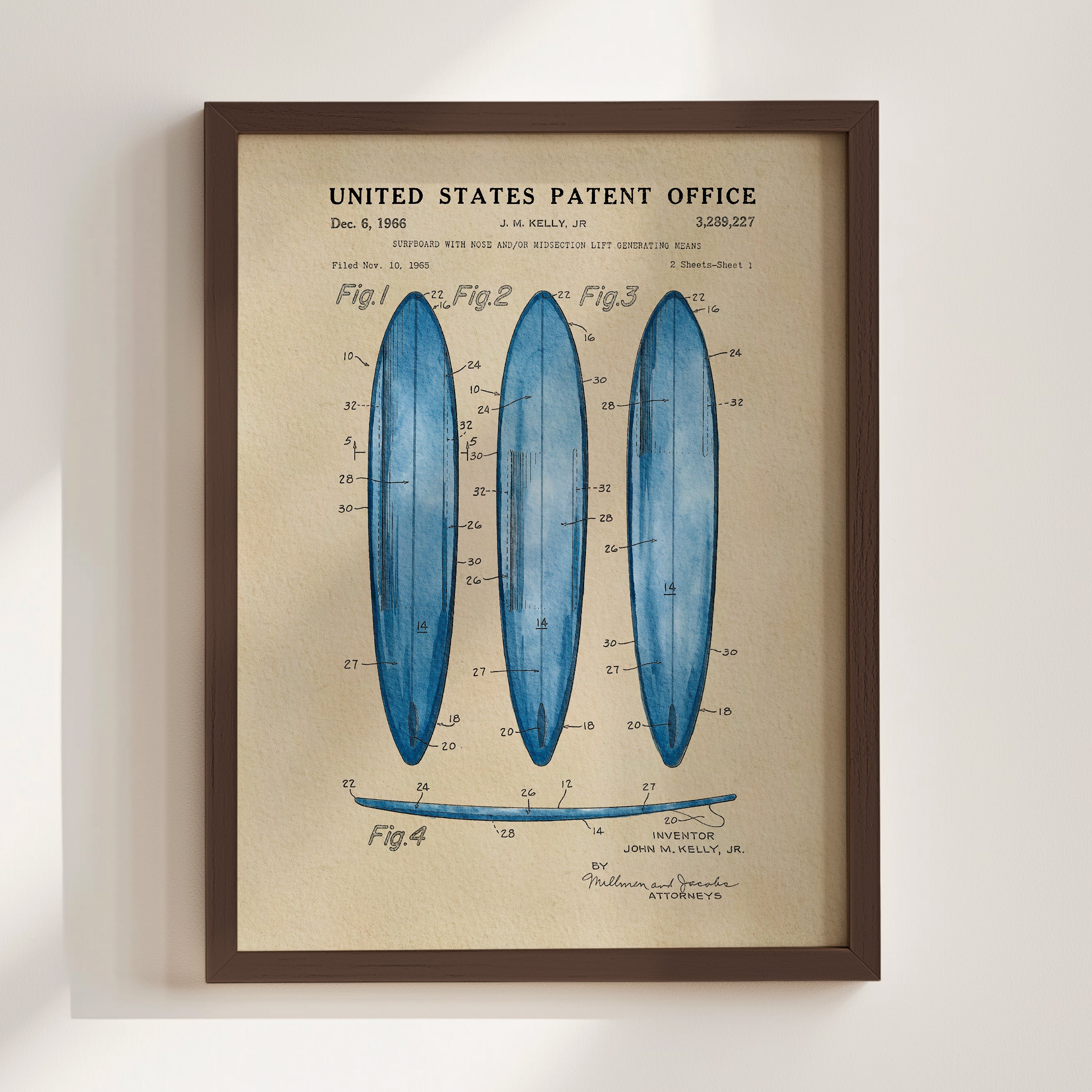 The image is a framed print of a patent drawing for a surfboard, featuring three blue surfboards with detailed technical drawings and labels.
