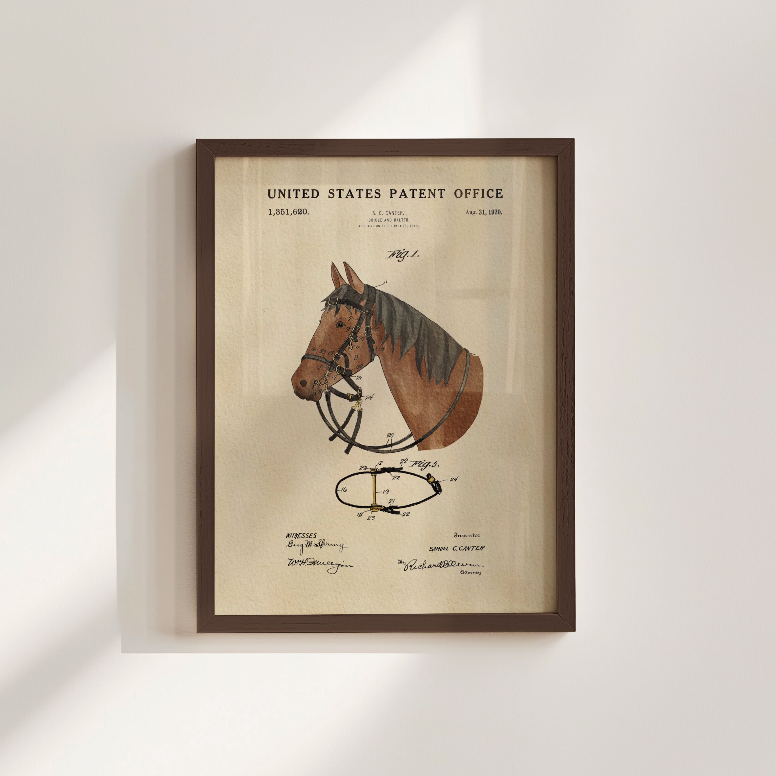 The image is a framed print of a United States patent office patent from Aug. 19, 1930, depicting a horse harness.