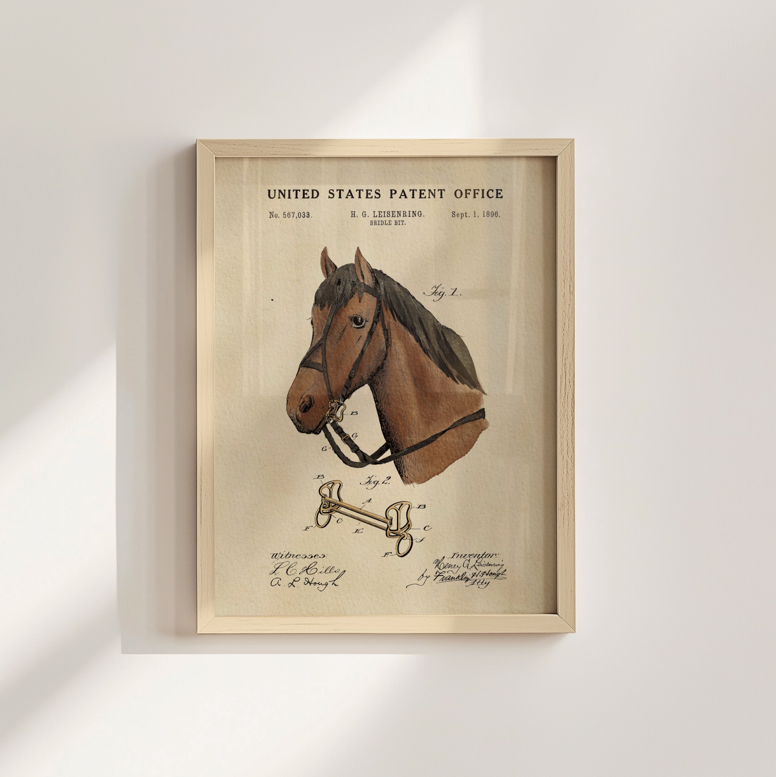 The image is a framed patent drawing of a horse, depicting its head and harness.