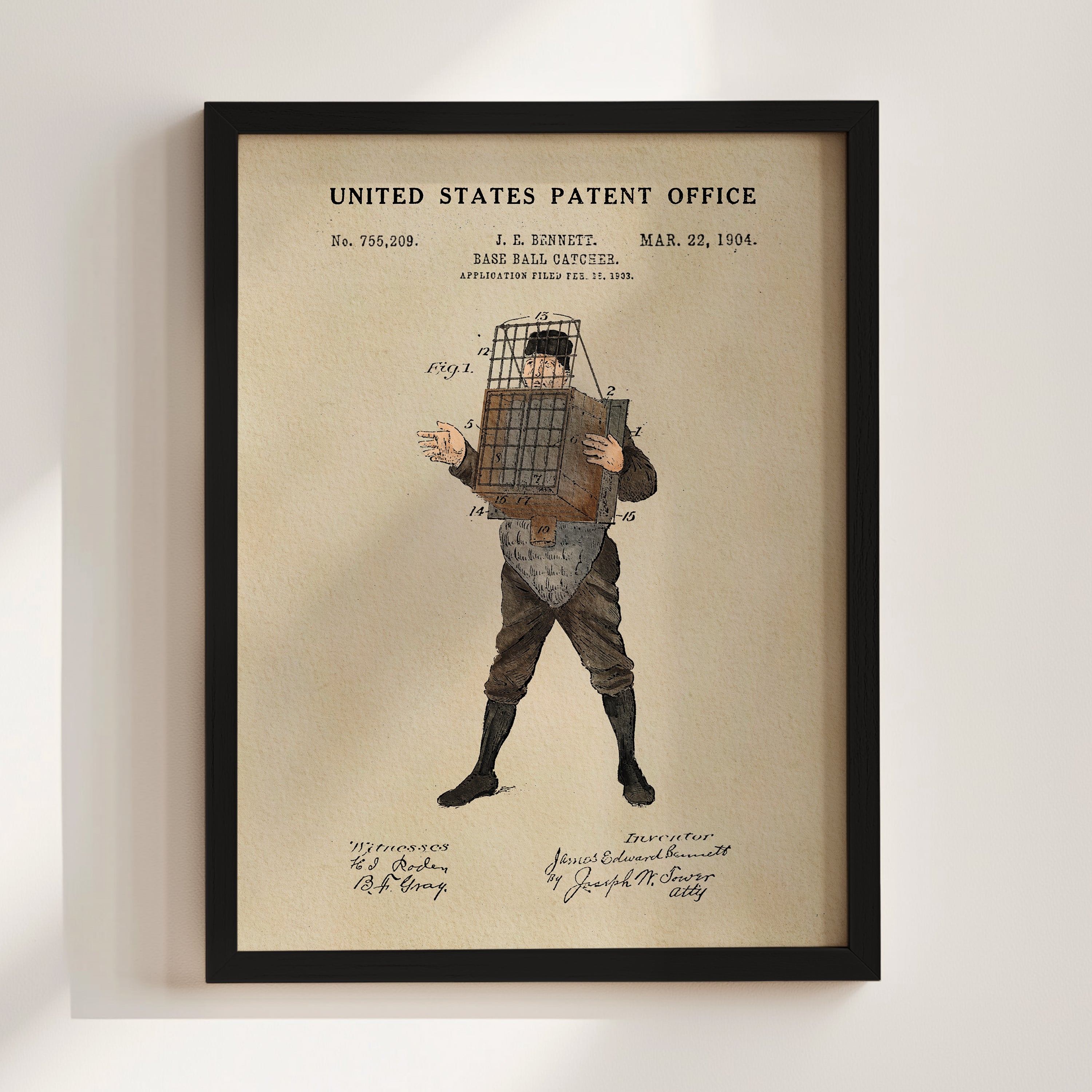 The image is a framed print depicting a baseball catcher from the United States Patent Office, dated Mar 22, 1904.