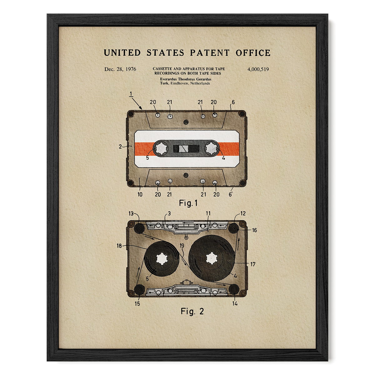 The image is a framed patent drawing depicting a cassette tape and its components, including the tape, rewind and play buttons, and other features.