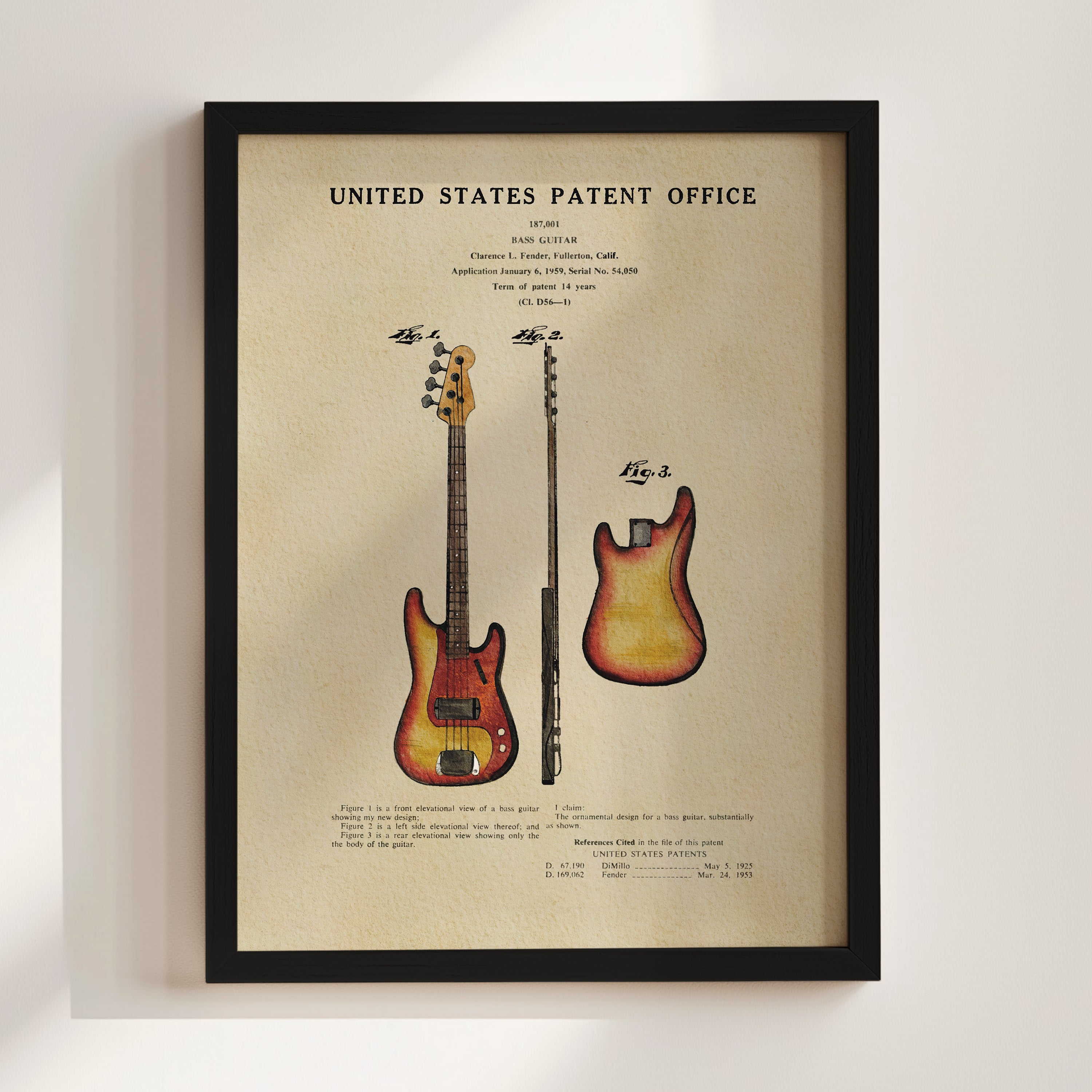 The image is a framed patent drawing of a guitar, depicting two different types of guitars with accompanying technical drawings.