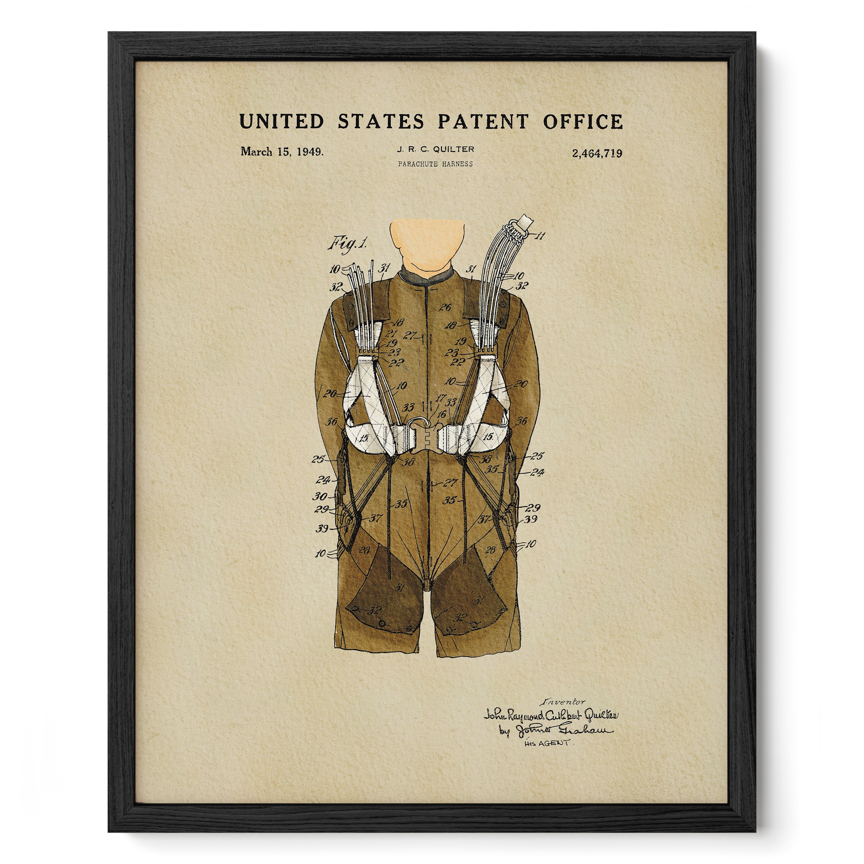 The image is a framed patent drawing depicting a man's torso with various technical drawings and labels.