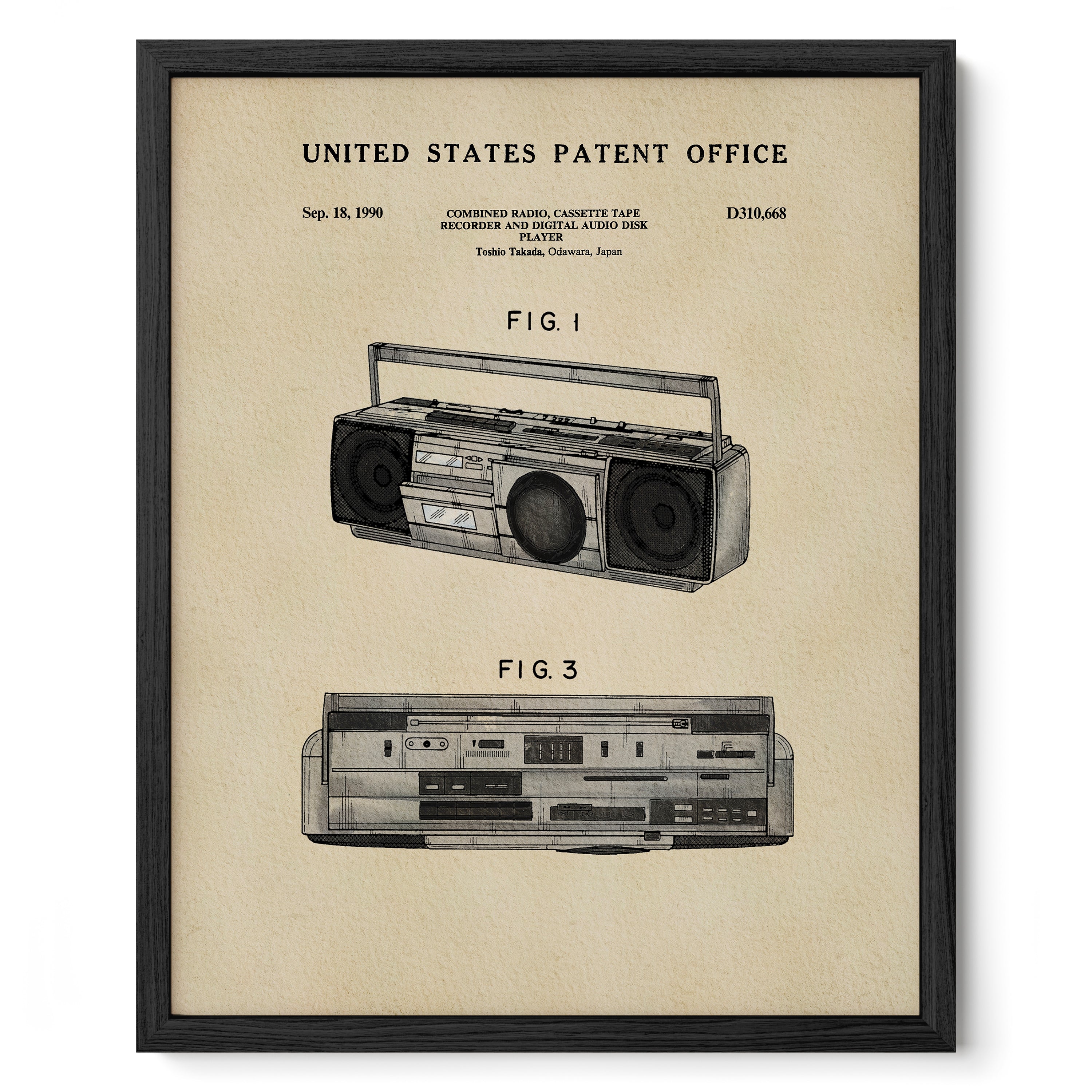 The image is a framed patent drawing of a boombox, depicting the design and features of the device.
