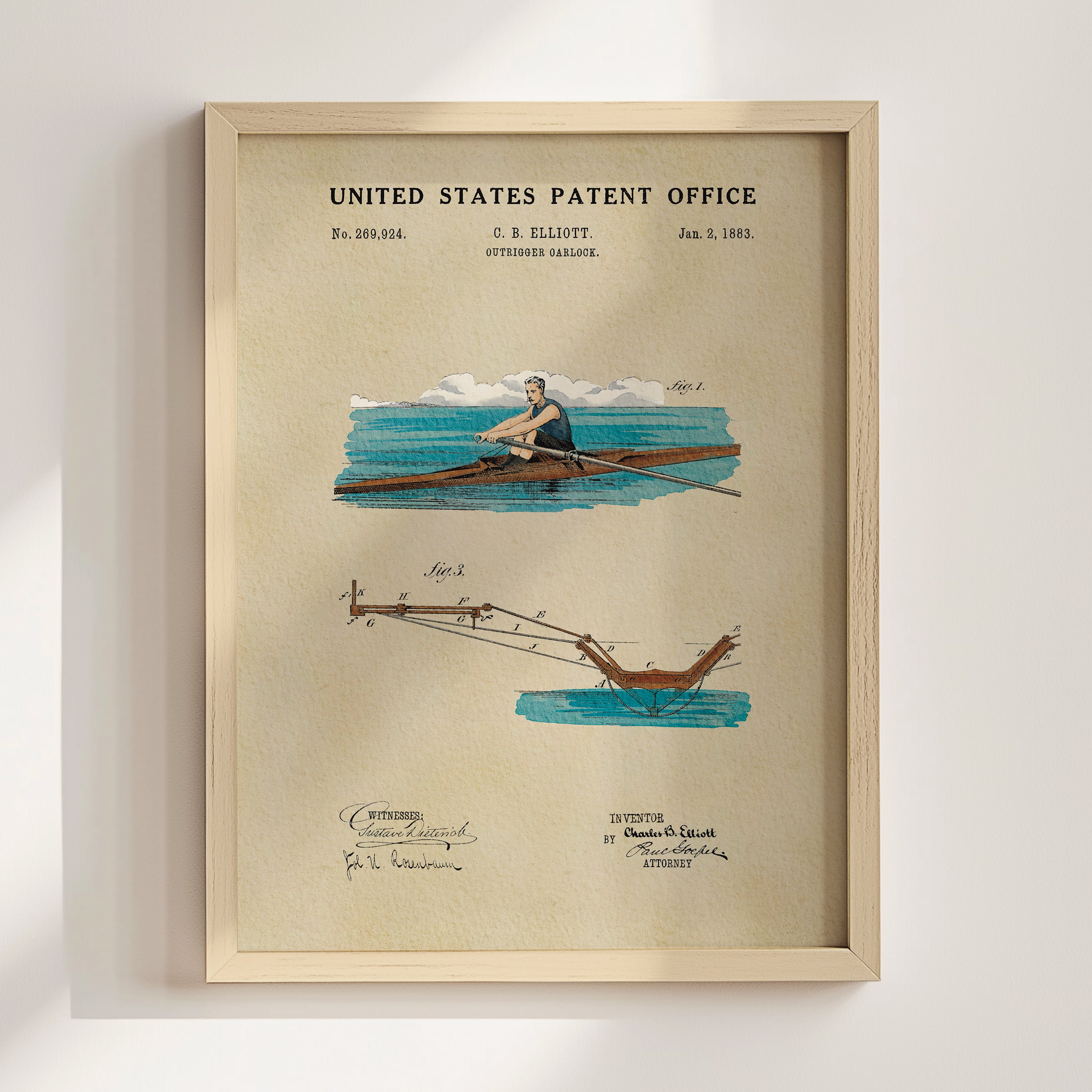 The image is a framed print of a patent application for a rowing machine, featuring an illustration of a person rowing a boat and a diagram of the rowing machine.