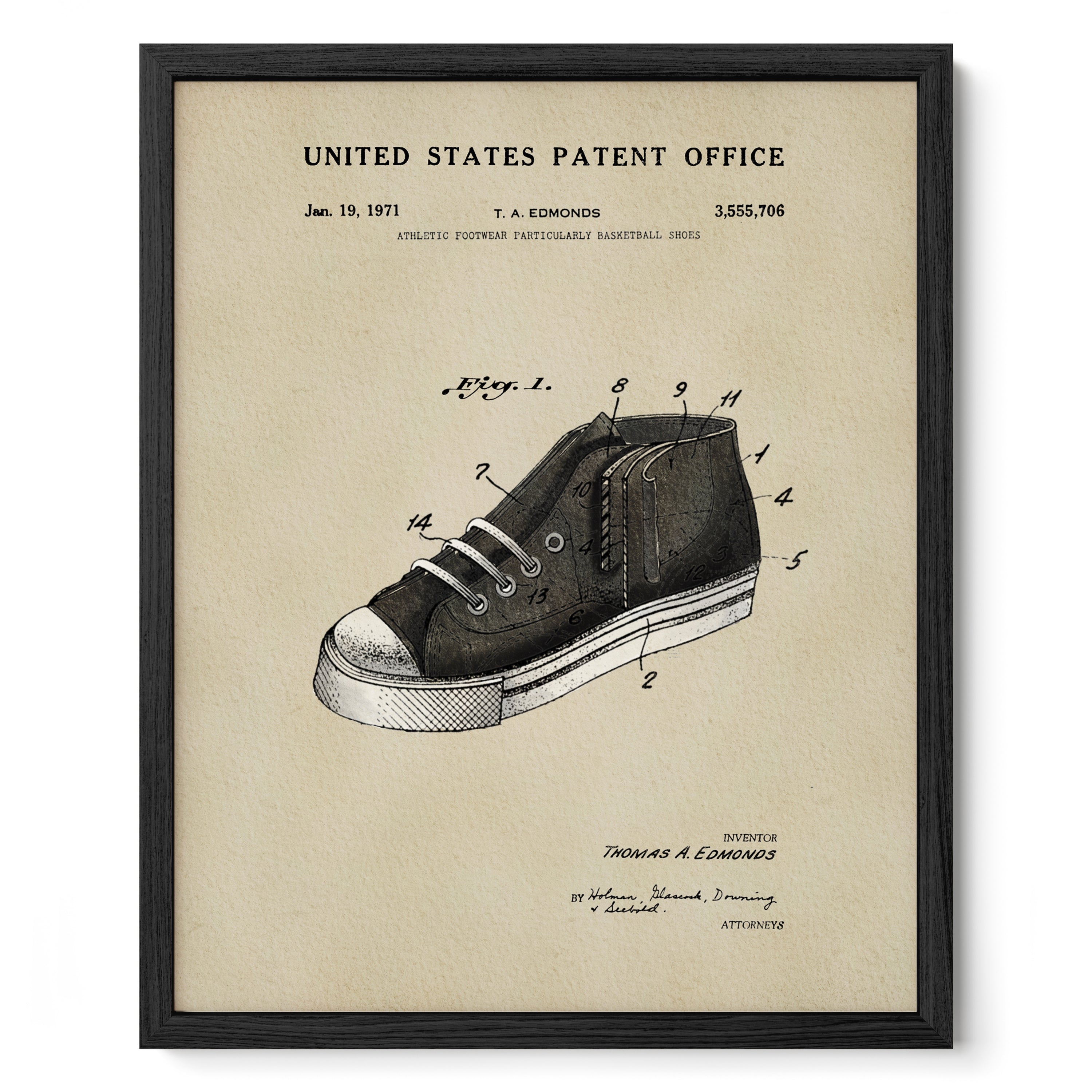 A framed patent drawing of a shoe from 1971, depicting the patent application for athletic footwear.