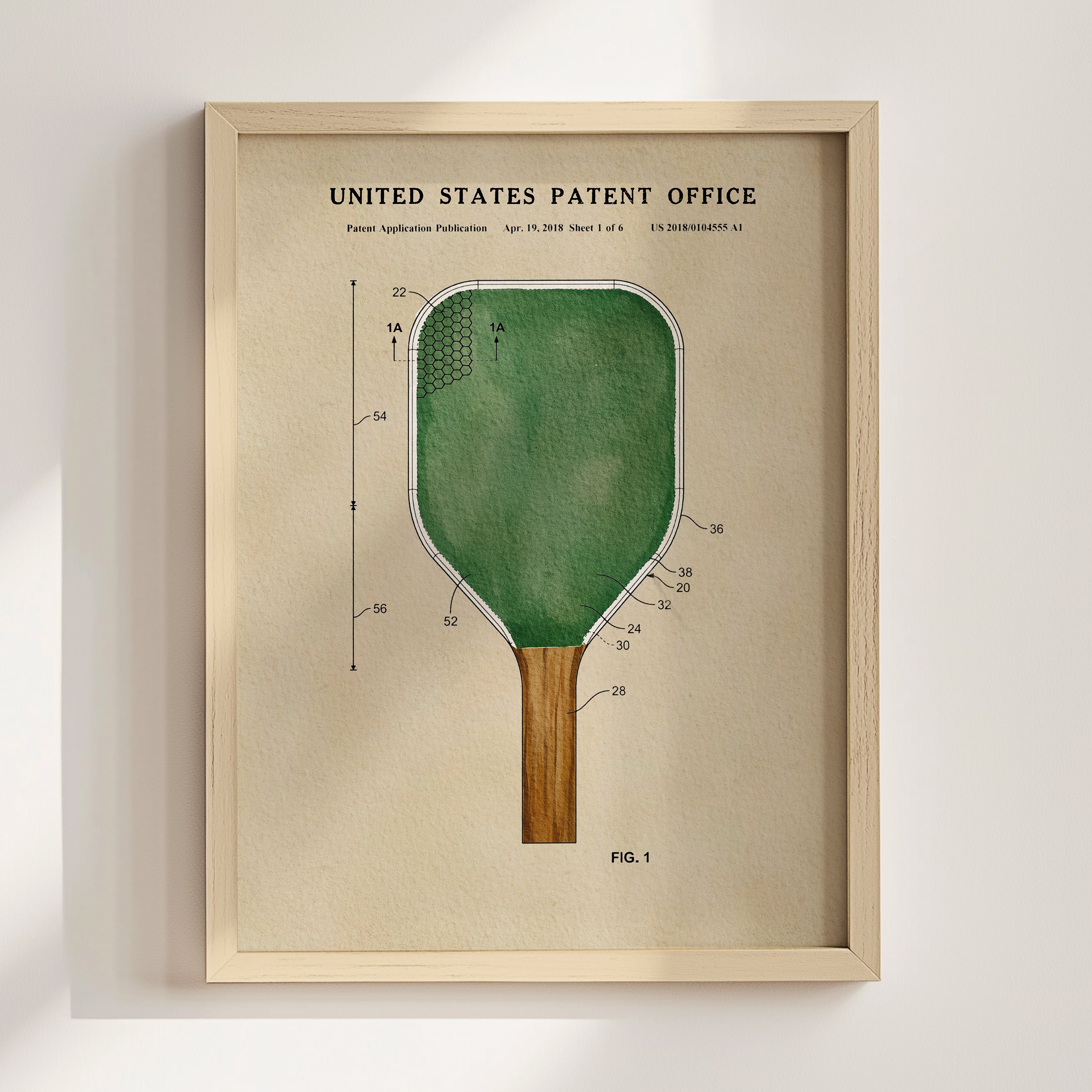 The image is a framed print of a patent application for a paddleboard, featuring a detailed technical drawing of the paddleboard and its components.