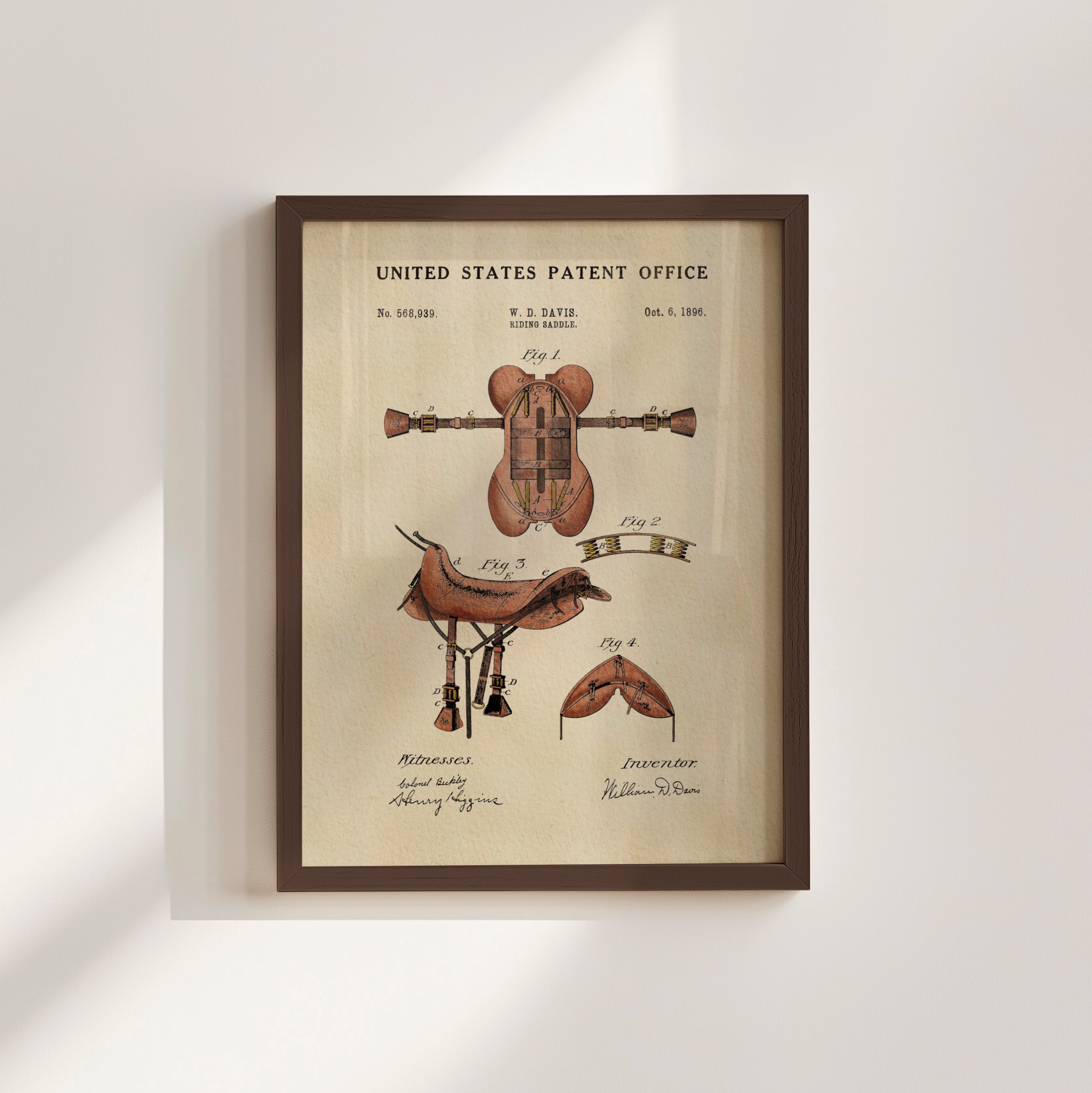 The image is a framed patent drawing depicting a horse saddle, with accompanying drawings and text.
