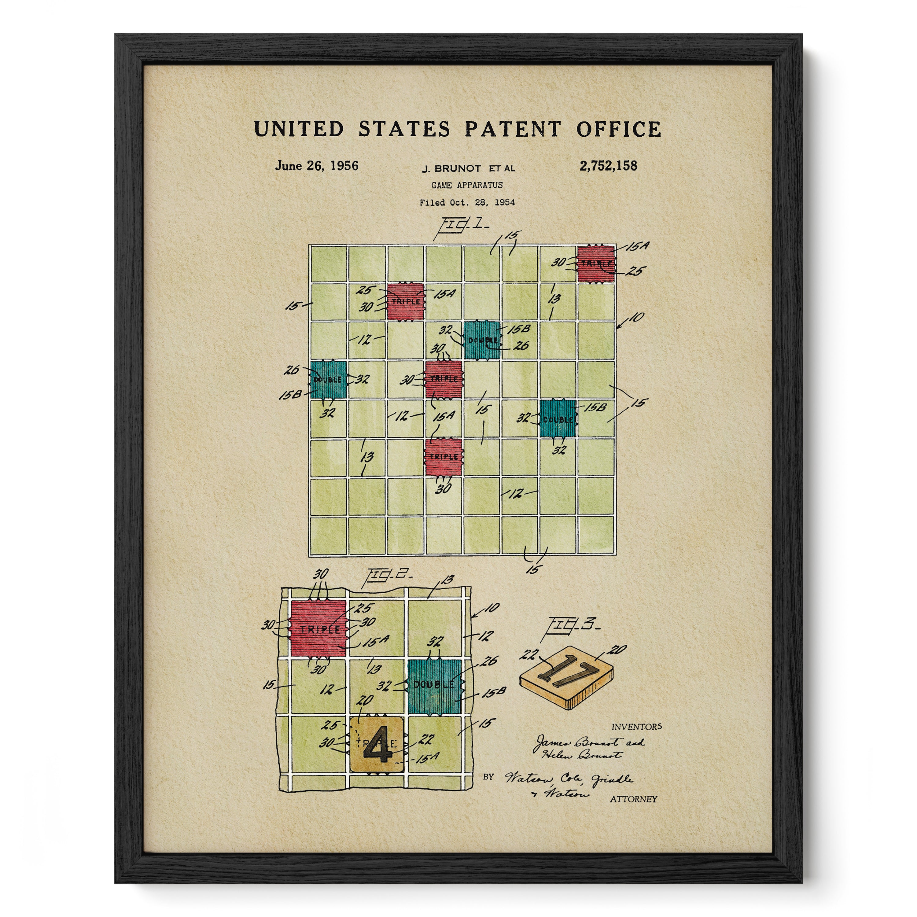 The image is a framed print of a United States patent office patent from June 26, 1956, titled "J. Brunette Et al. Game Apparatus, June 26, 1956, filing No. 1, 2,252,158".