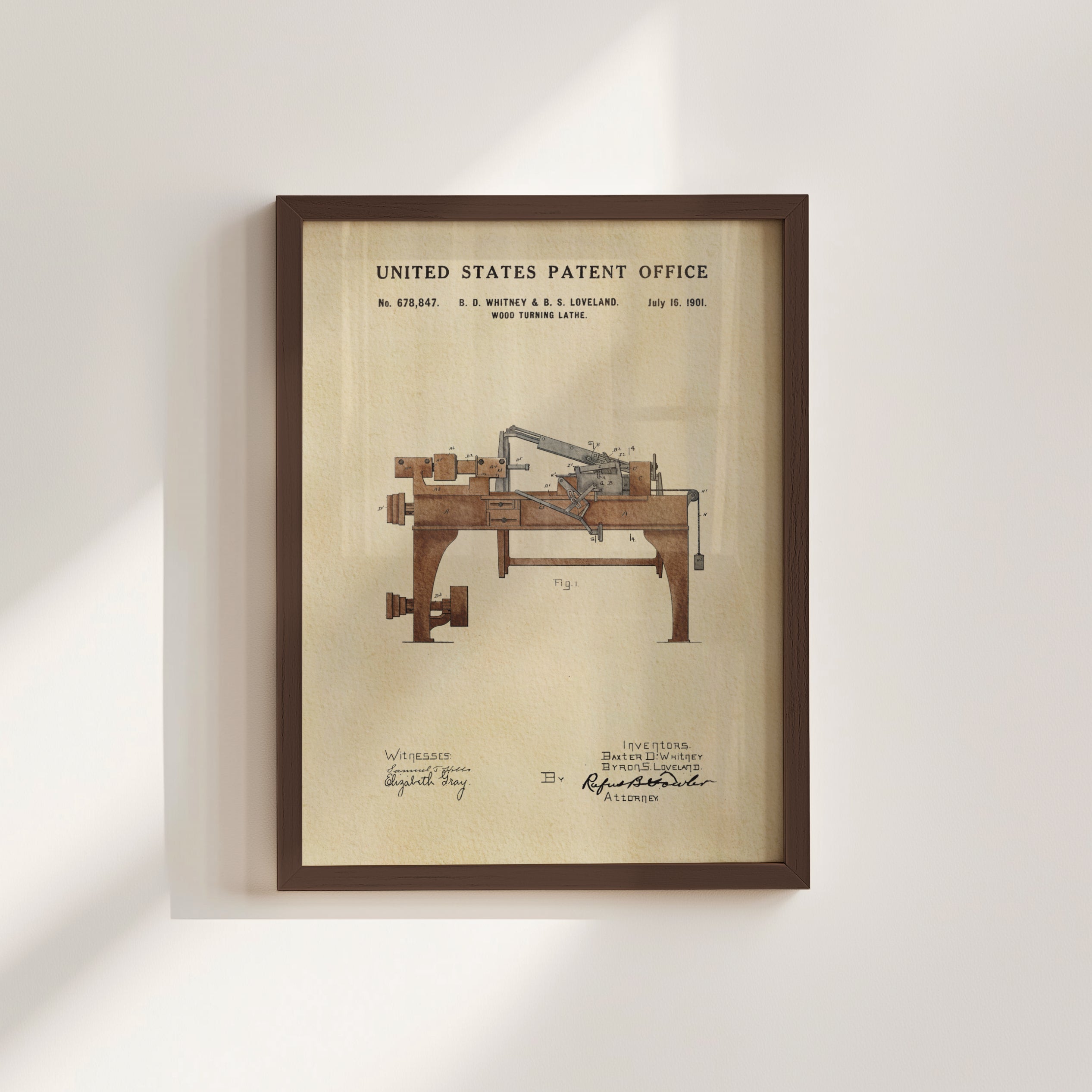 The image is a framed print of a United States patent office patent from 1881, depicting a wooden machine with a large arm.