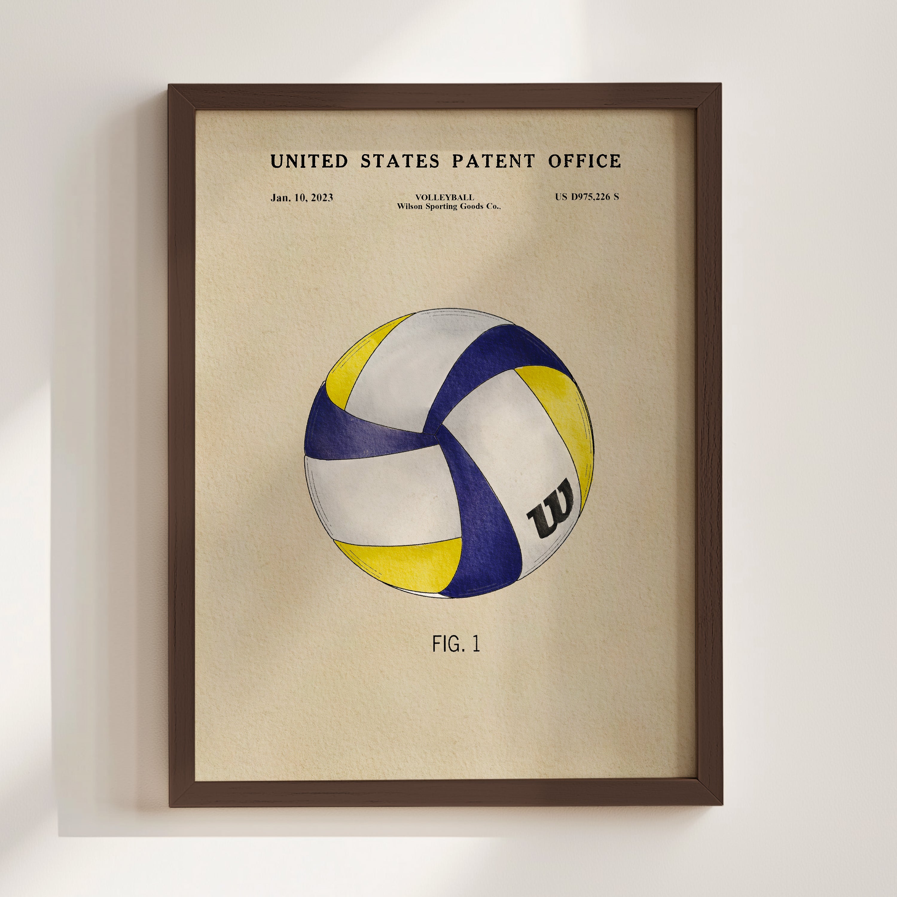 The image is a framed print of a volleyball patent from the United States Patent Office, dated January 10, 2013, and featuring a drawing of a volleyball.
