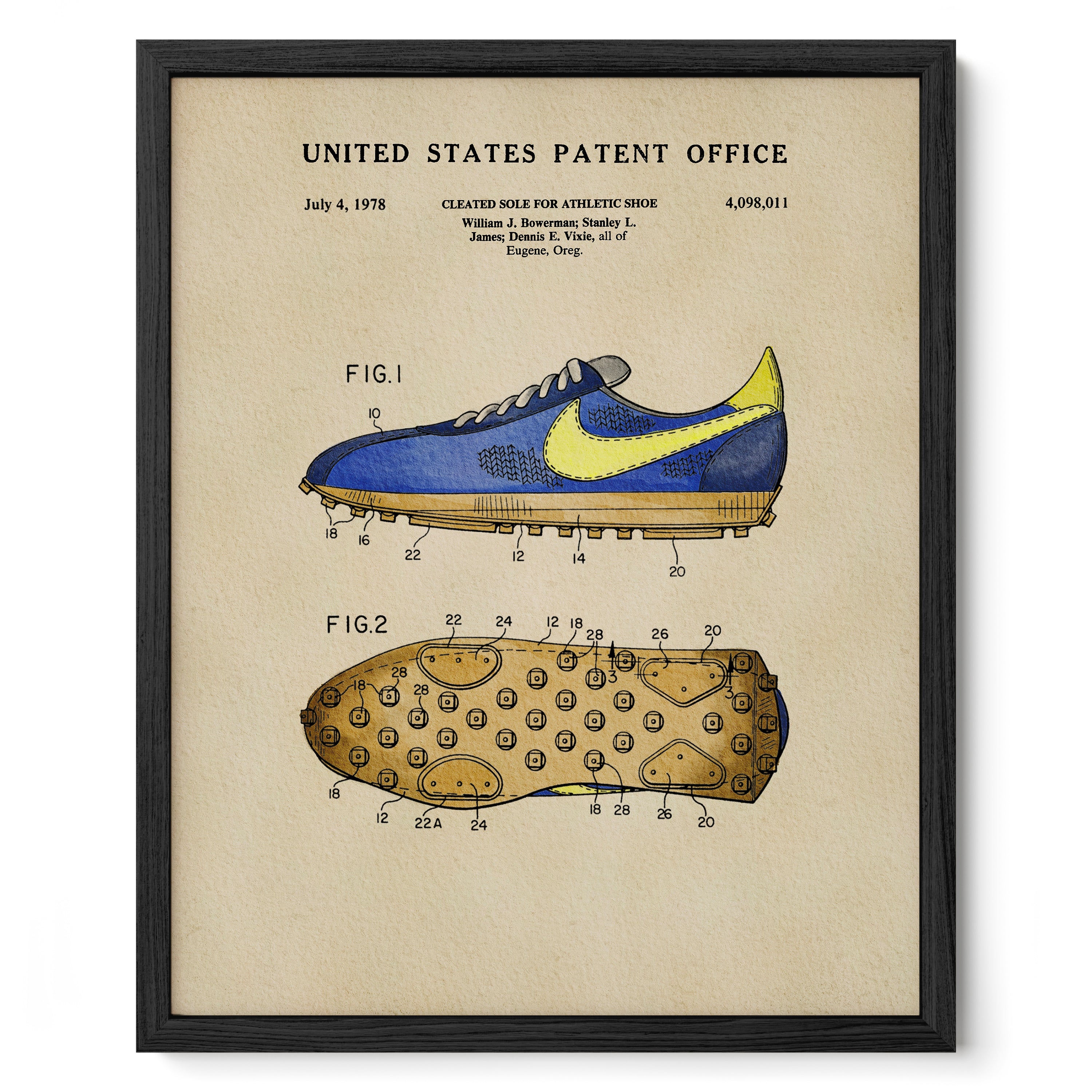 The image is a framed patent drawing of a Nike athletic shoe, depicting the design and features of the shoe.