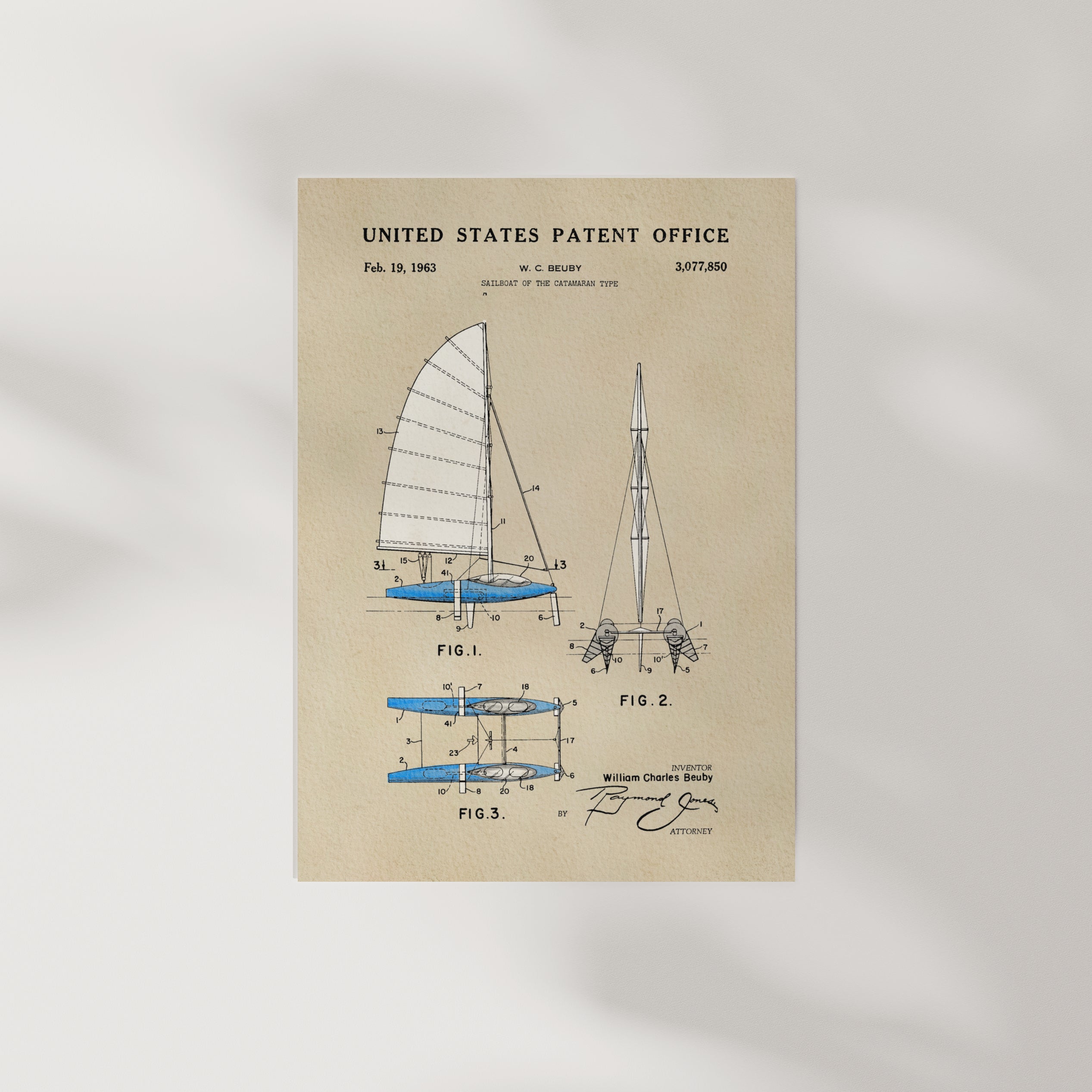 The image is a vintage United States patent office patent print featuring a sailboat design.